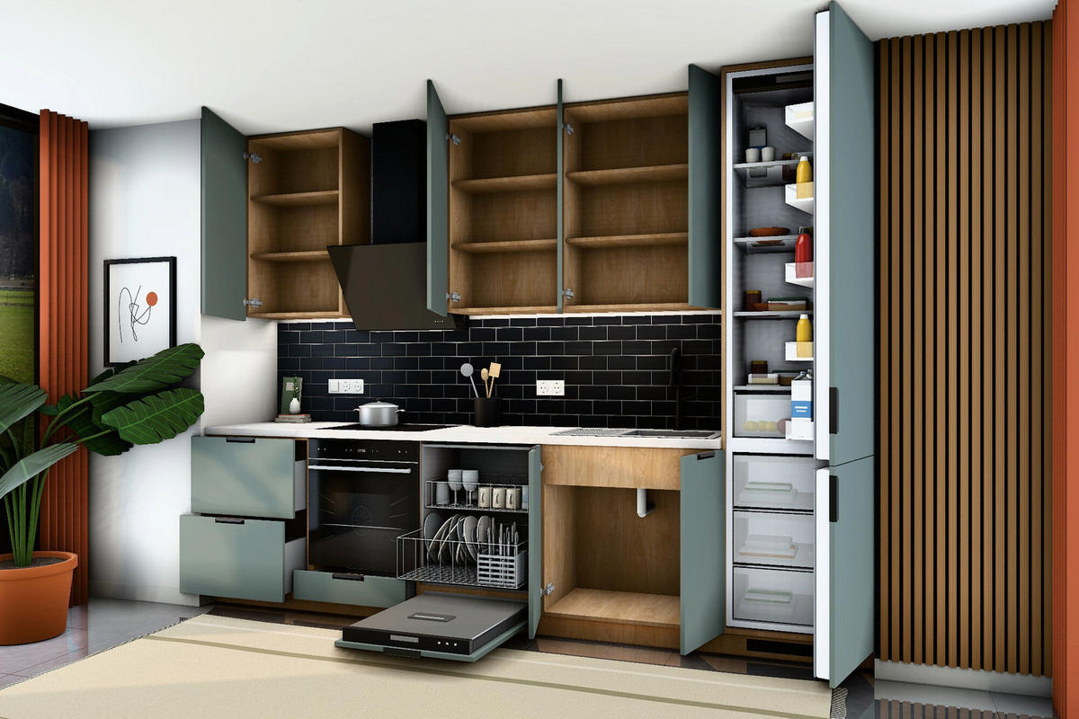 KÜCHENZEILE Sorento Grün & Sonoma Eiche – 320 cm – KÜ-SORENTO3-001 - Grün, Holzwerkstoff (320/247/58cm) - ROYAL24_MARKT