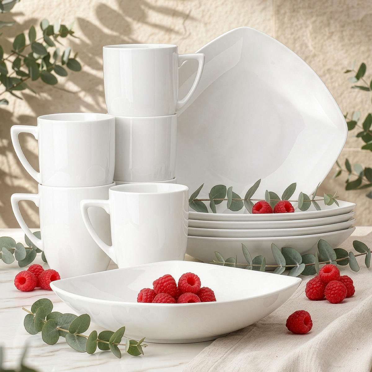 FRÜHSTÜCKS-GESCHIRRSET CARLINA 6-Personen 12-tlg - Weiß, Keramik (20/2/20cm) - KONSIMO®