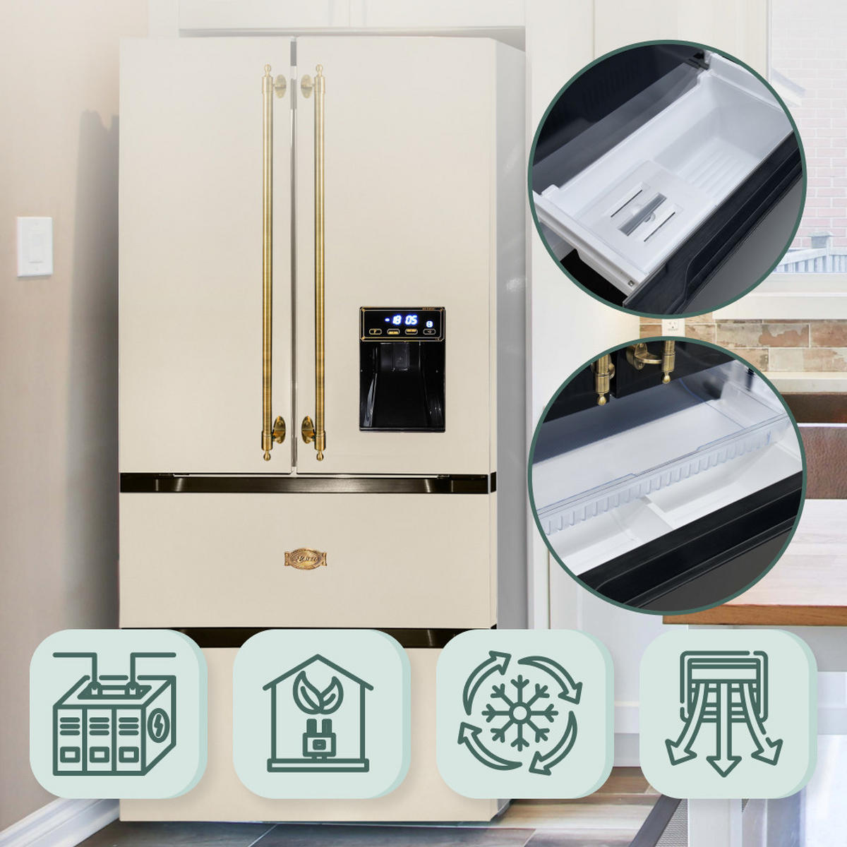 SIDE-BY-SIDE-RETRO-KÜHLSCHRANK KS 80425 ElfEm, Elfenbein, No Frost 506 L - Beige, Metall (83.6/183/70.6cm) - Kaiser Küchengeräte