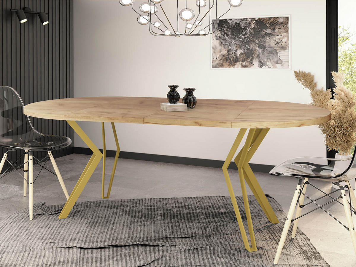 ESSTISCH Daisy runder ausziehbarer, Craft Eiche 120-200/100/76 cm - Eiche Wotan/Goldfarben, Holzwerkstoff/Metall (120/120/76cm) - WFL GROUP