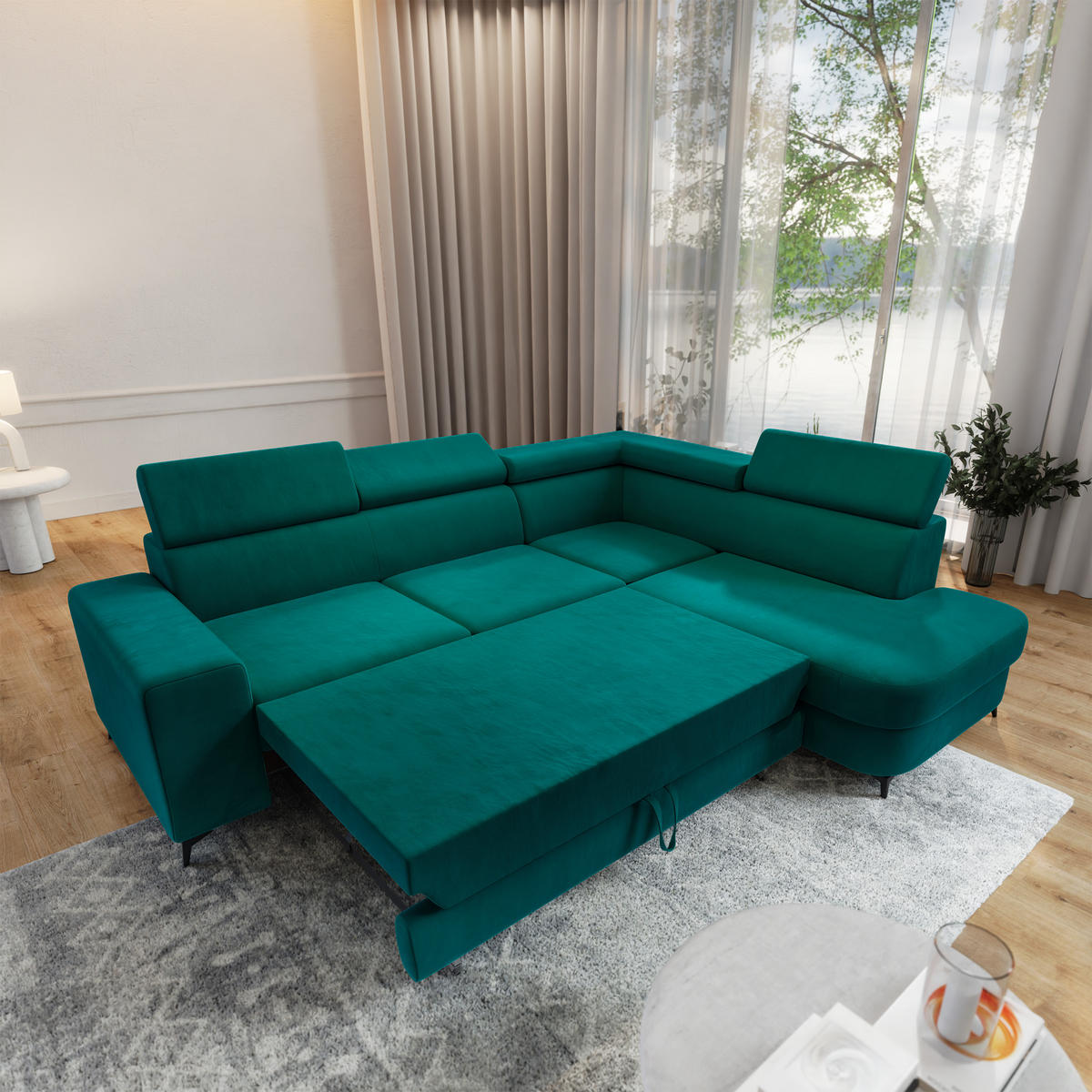 ECKSOFA ALVORO R-S Blau Velours-Stoff mit Schlaffunktion - Smaragdgrün, Holz (253/190cm) - MASSENO
