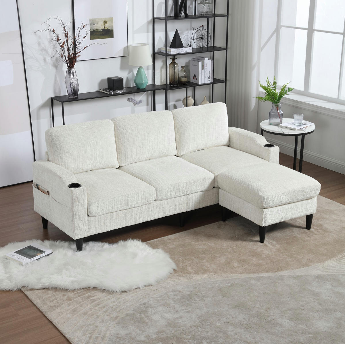 SOFA 4-Sitzer mit Hocker und Stauraum 196,5 x 75 x 77 cm Beige - Beige, Kunststoff (196.5/77/75cm) - Meubliv