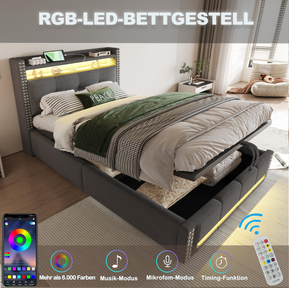 POLSTERBETT 90/200 cm Grau aus Leinenstoff mit LED und Stauraum - Grau, Textil (90/200cm) - OKMYHOME