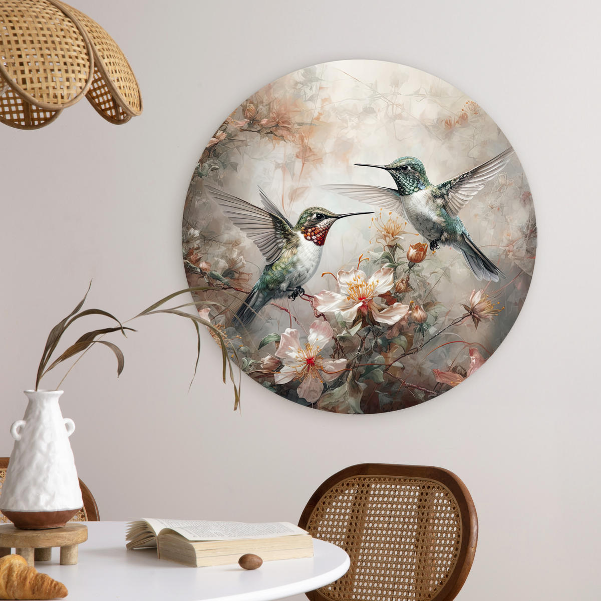 WANDBILD Kolibri - Vögel - Blumen - Pflanzen 60x60 cm - Hellgrün, Kunststoff (60/60cm) - MuchoWow