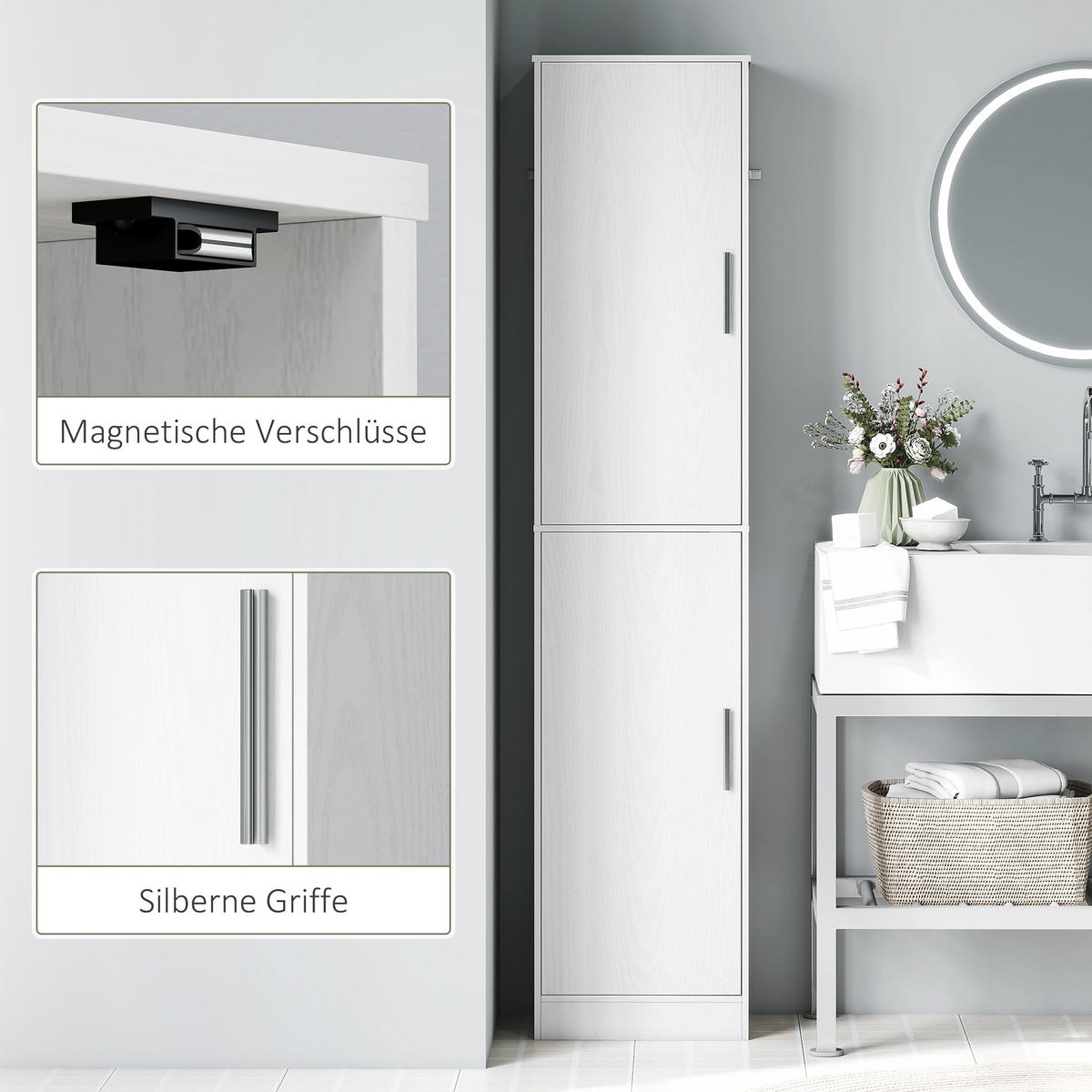 BADEZIMMERSCHRANK Badschrank Hochschrank schmal mit 2 Türen Verstellbare Regale - Weiß, Karton (35/180/40cm) - HOMCOM