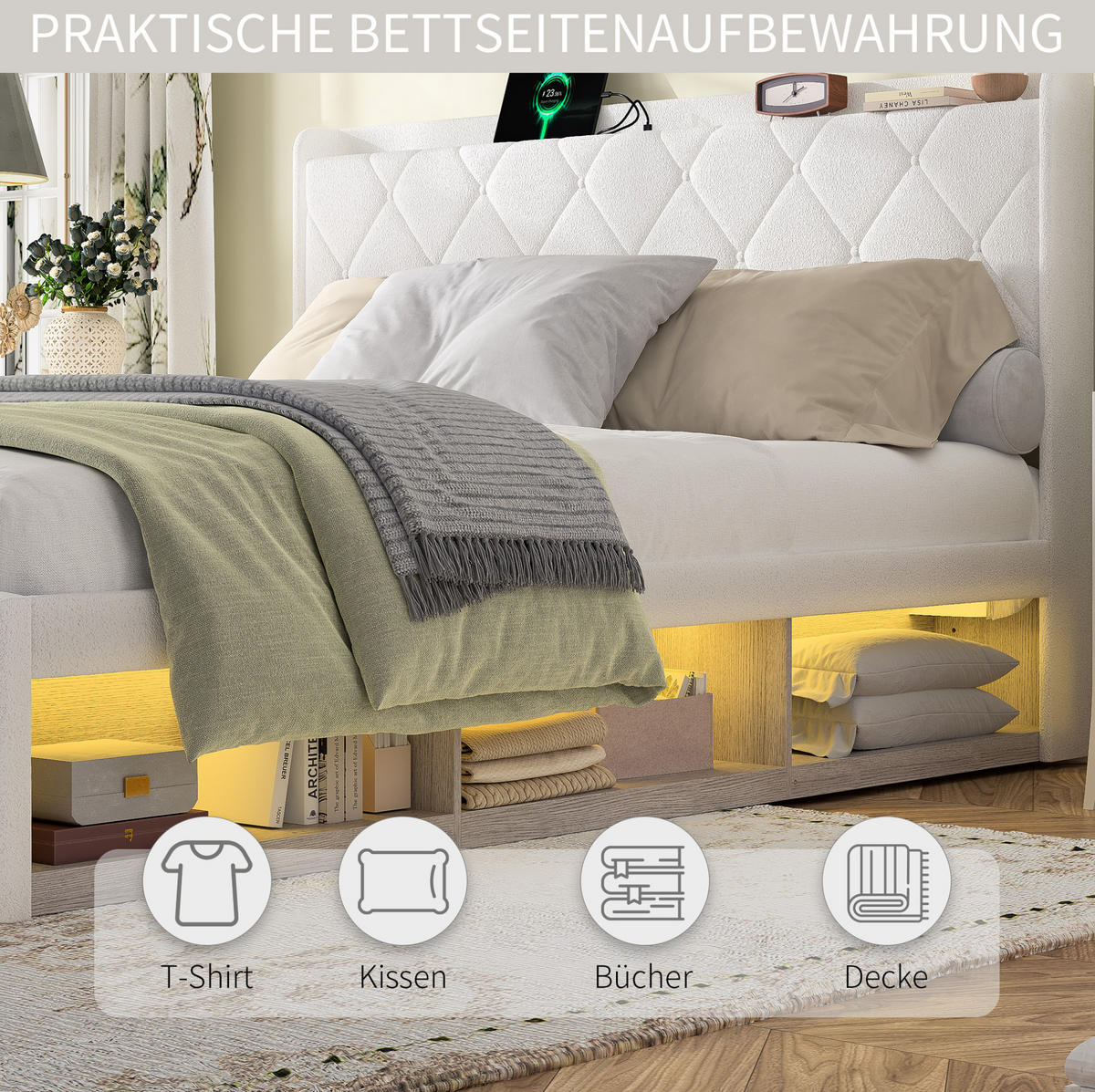 POLSTERBETT 140/200 cm mit LED-Beleuchtung, USB-Ladefunktion und Stauraum, Weiß - Weiß, Textil (140/200cm) - Redom
