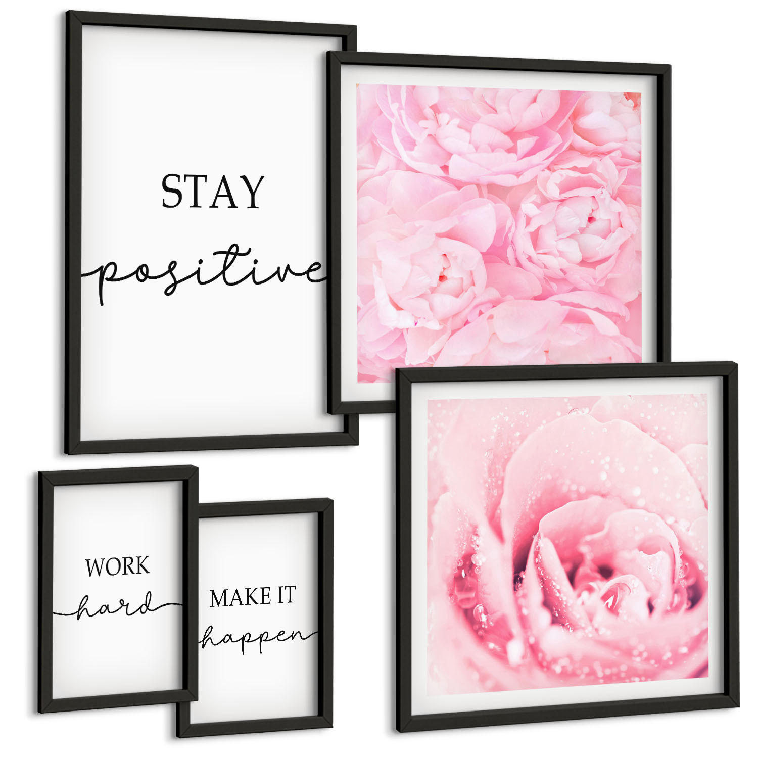 BILDER SET 5er Set - 50x50 cm & 20x30 cm & 40x60 cm Schwarzer Rahmen - Minimalistische rosa Blüten - Schwarz, Kunststoff (40/60cm) - TULUP