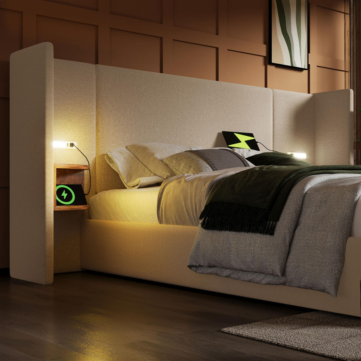 ČALOUNĚNÁ postel 180/200 cm z lnu béžová s LED lampou, USB a úložným prostorem - béžová, textil (180/200cm) - BEAOK