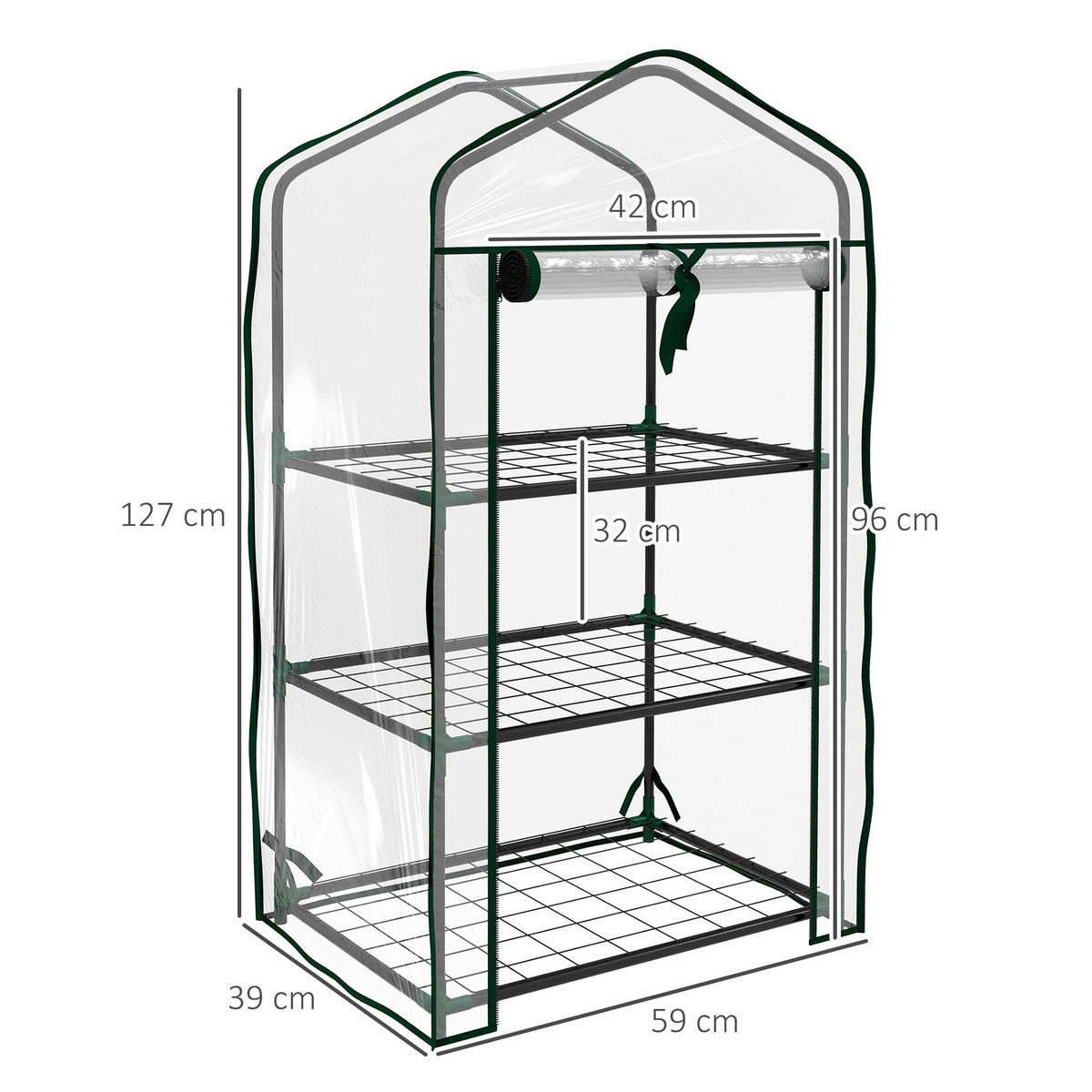 GEWÄCHSHAUS DE-11961 mit 3 Etagen & Reißverschlusstür Transparent & Grün - Transparent, Kunststoff (39/127/59cm) - ComfortXL