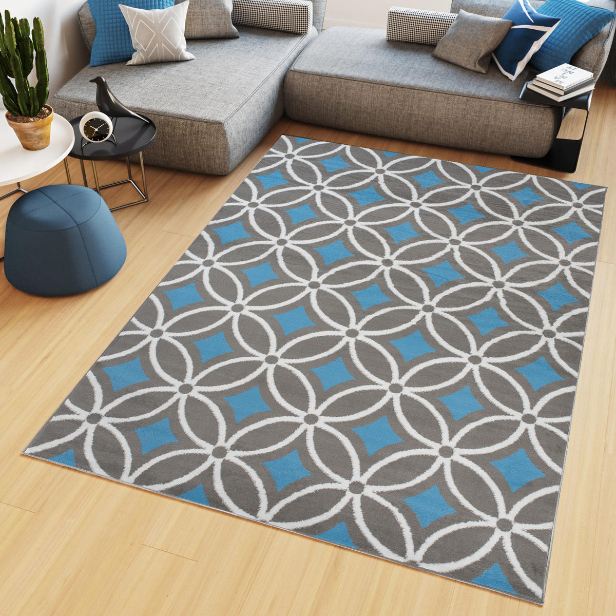 TEPPICH MAYA Blau Geometrisch Mosaik Karo 200/200 cm - Blau, Textil (200/200cm) - Tapiso