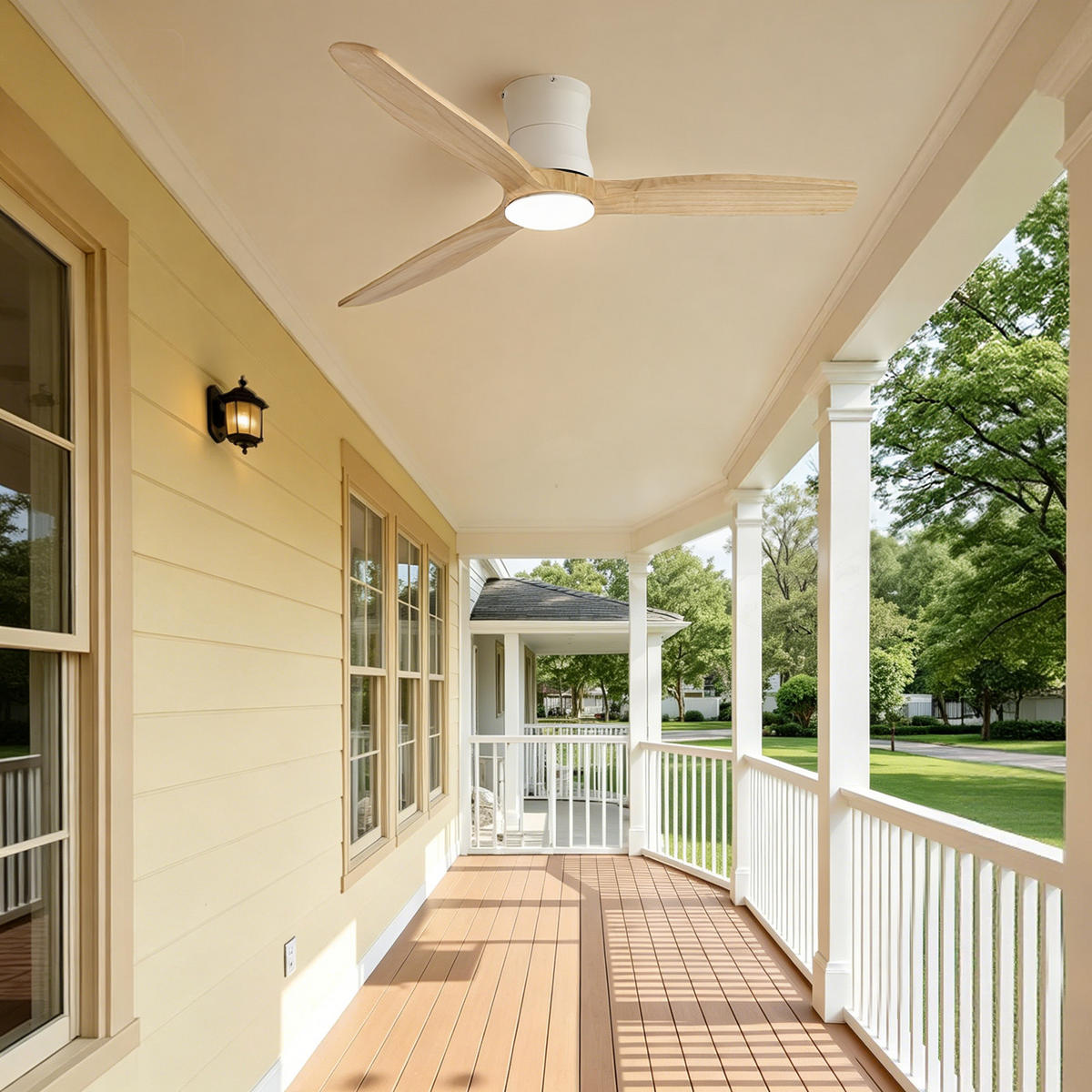 DECKENVENTILATOR 132cm Flachbau LED Licht Holzflügel DC Motor - Weiß, Kunststoff (132/132/24cm) - CASIVA