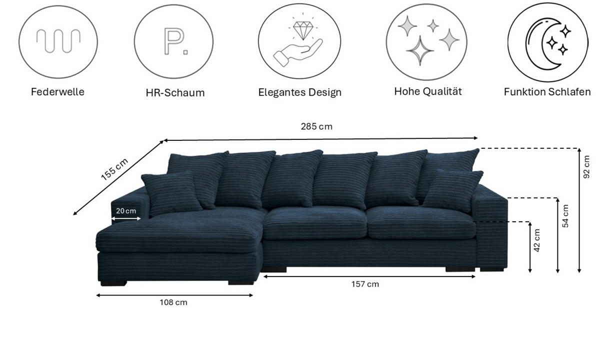 ECKSOFA Mit Schlaffunktion Und Bettkasten Couch L-form Gabon Stoff Zoom Blau Links - Blau, Holz (155/285cm) - Kaiser Möbel
