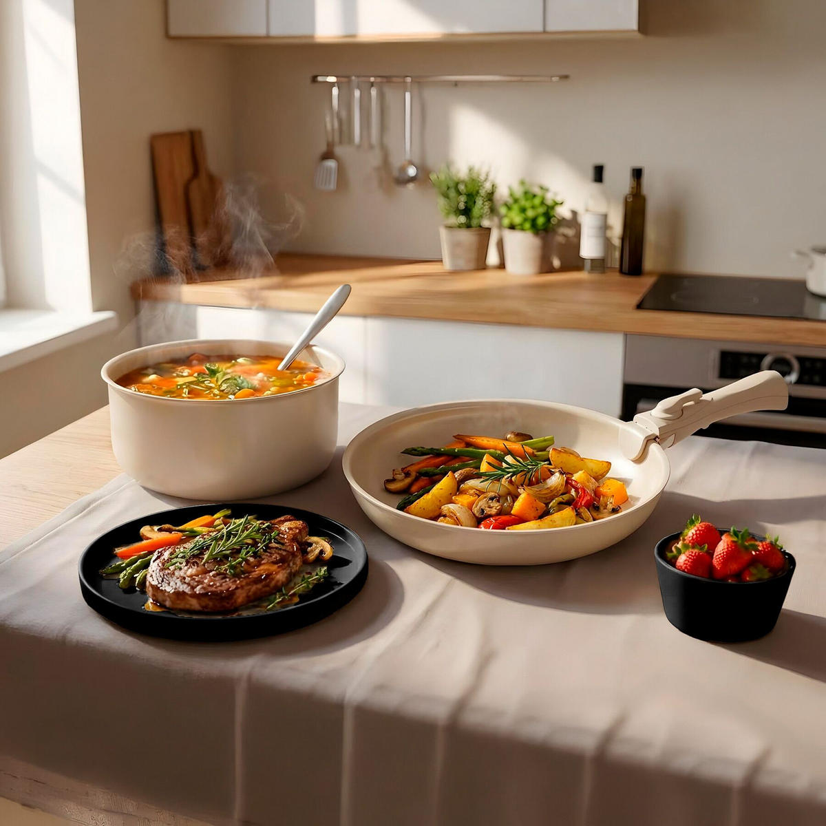 KÜCHENSTARTERSET 40er SetUna/Genua, inklusive Küchenwerkzeugen, Topfschonern und anklemmbaren Griffen, schwarz/weiß - Schwarz/Weiß, Keramik - tectake