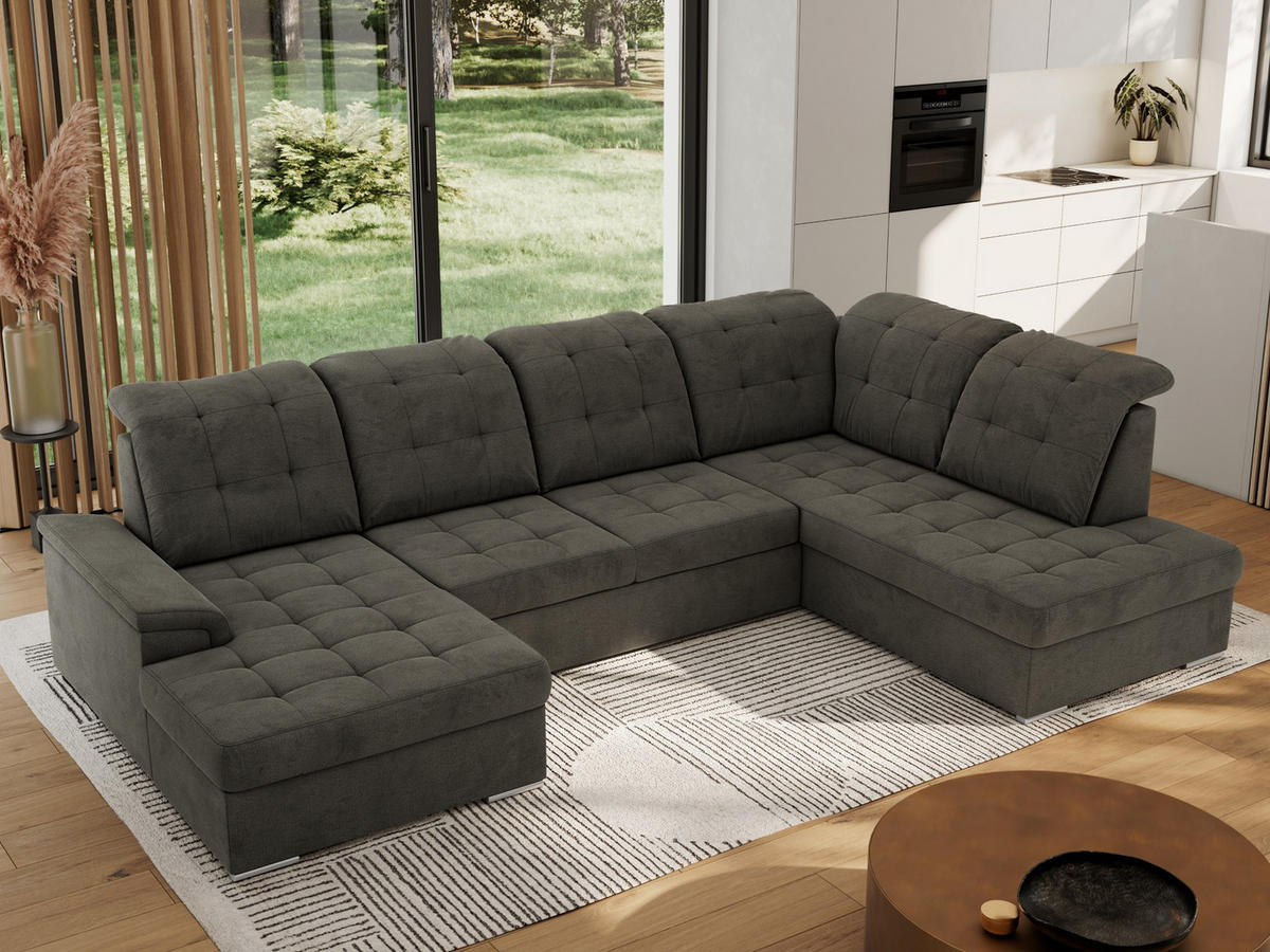WOHNLANDSCHAFT MADRITO U - Dunkelgrau Velorus - Rechts - Dunkelgrau/Silberfarben, Textil/Metall (323/89/204cm) - MKS