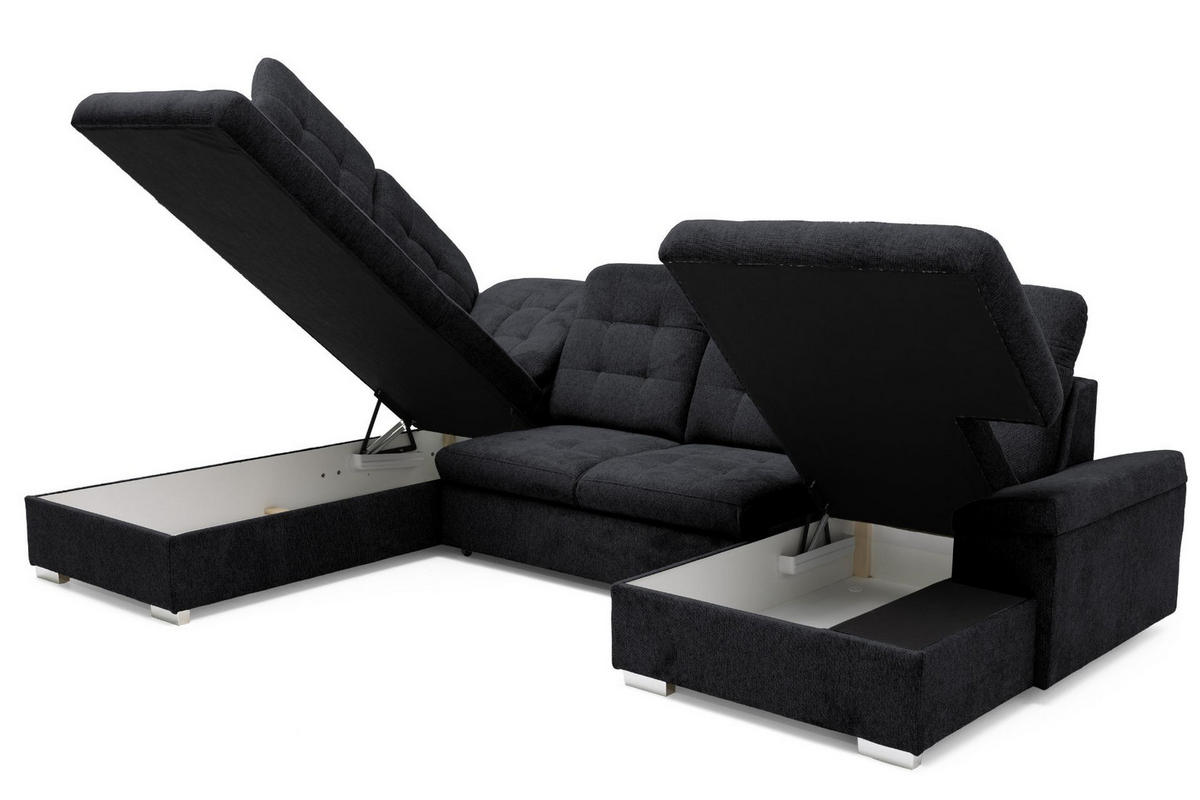 ECKSOFA U-Form OLIVIA U Links mit Schlaffunktion 124x257 Velours Schwarz - Silberfarben/Schwarz, Holz/Kunststoff (320/103/202cm) - Muffo