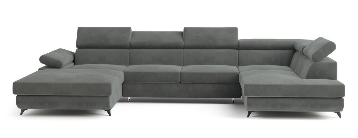 WOHNLANDSCHAFT RUBANO R-S Grau Velours-Stoff mit Schlaffunktion - Grau, Holz (339/89/190cm) - MASSENO