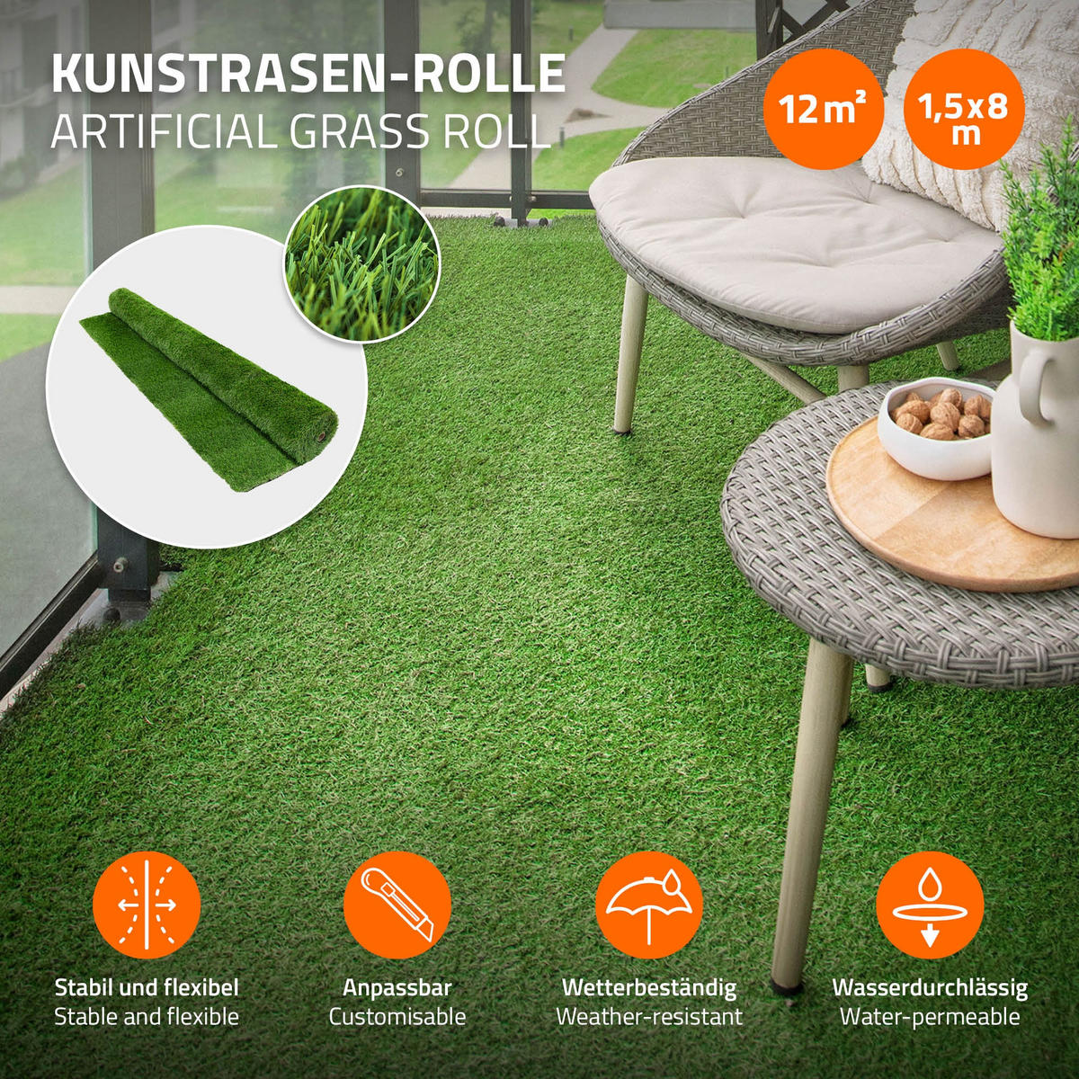 KUNSTRASEN-ROLLE 150x800 cm 12m² Grün 35mm aus Kunststoff - Grün, Kunststoff (150/800cm) - ECD-Germany