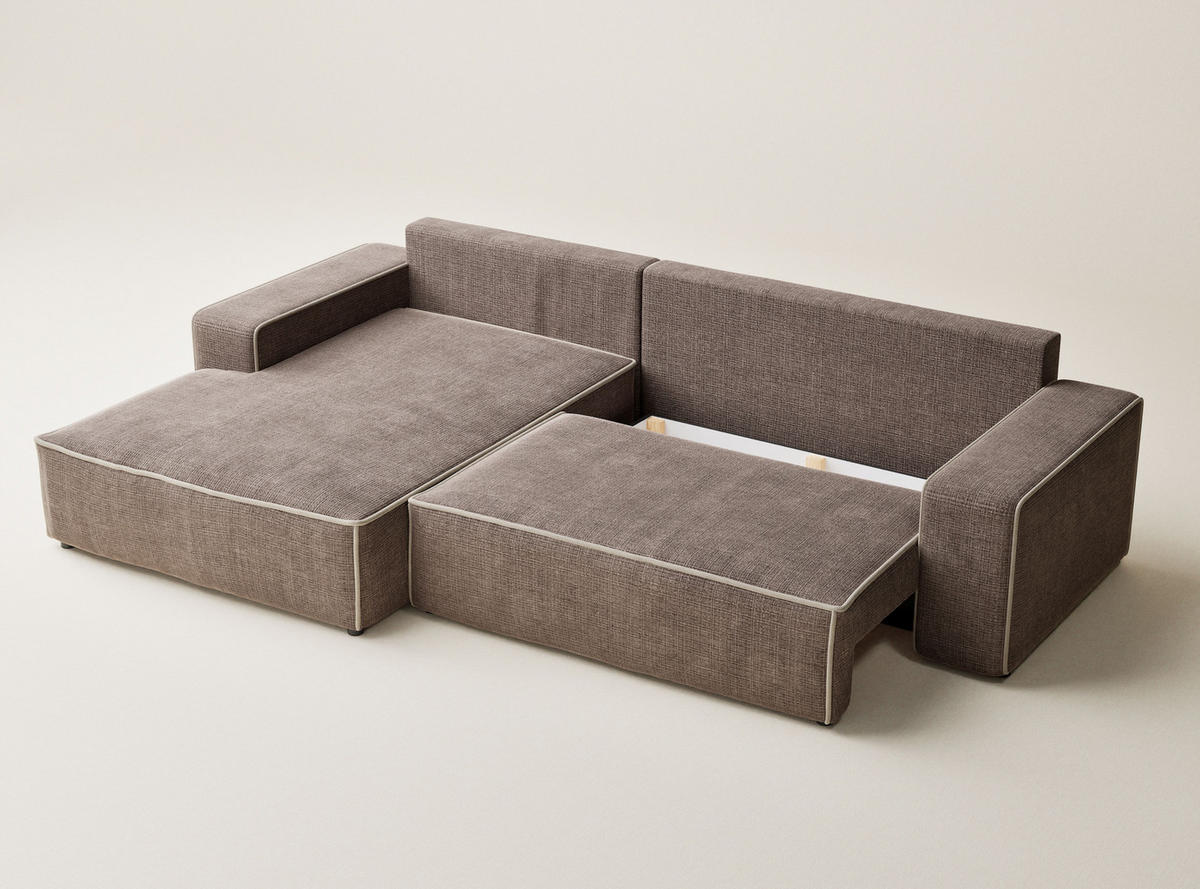 ECKSOFA MIT SCHLAFFUNKTION Modo Beige grau Chenille-Stoff - Links Seite - Beige/Schwarz, Holz/Holzwerkstoff (185/294cm) - Maison de Reve