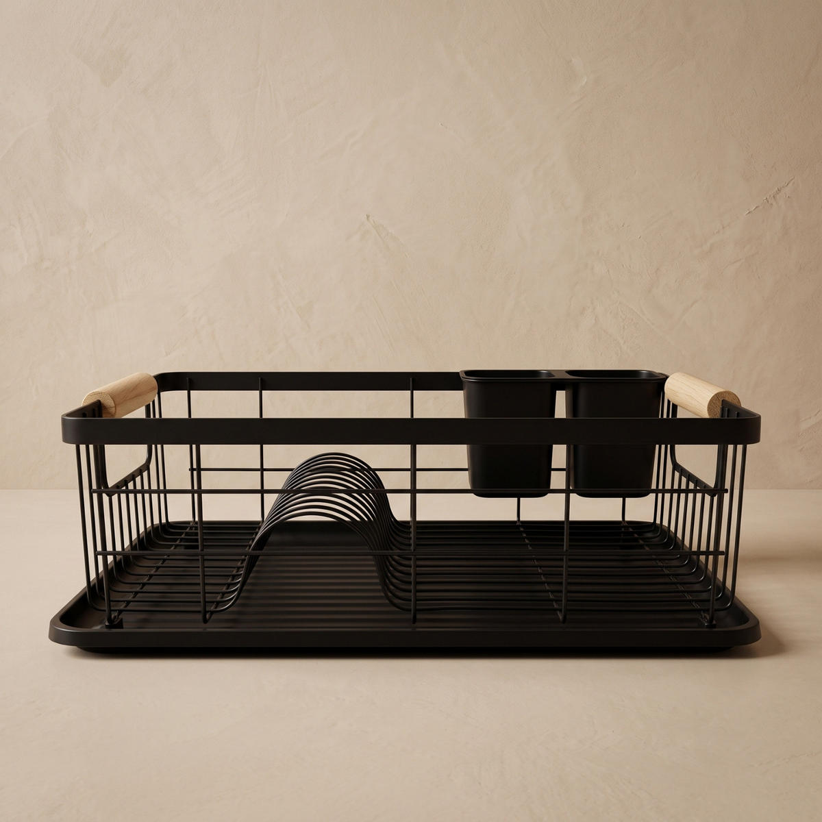 GESCHIRRABTROPFER mit Besteckbehälter 43/32/15 cm - Schwarz, Metall (32/15/43cm) - BOXIMO
