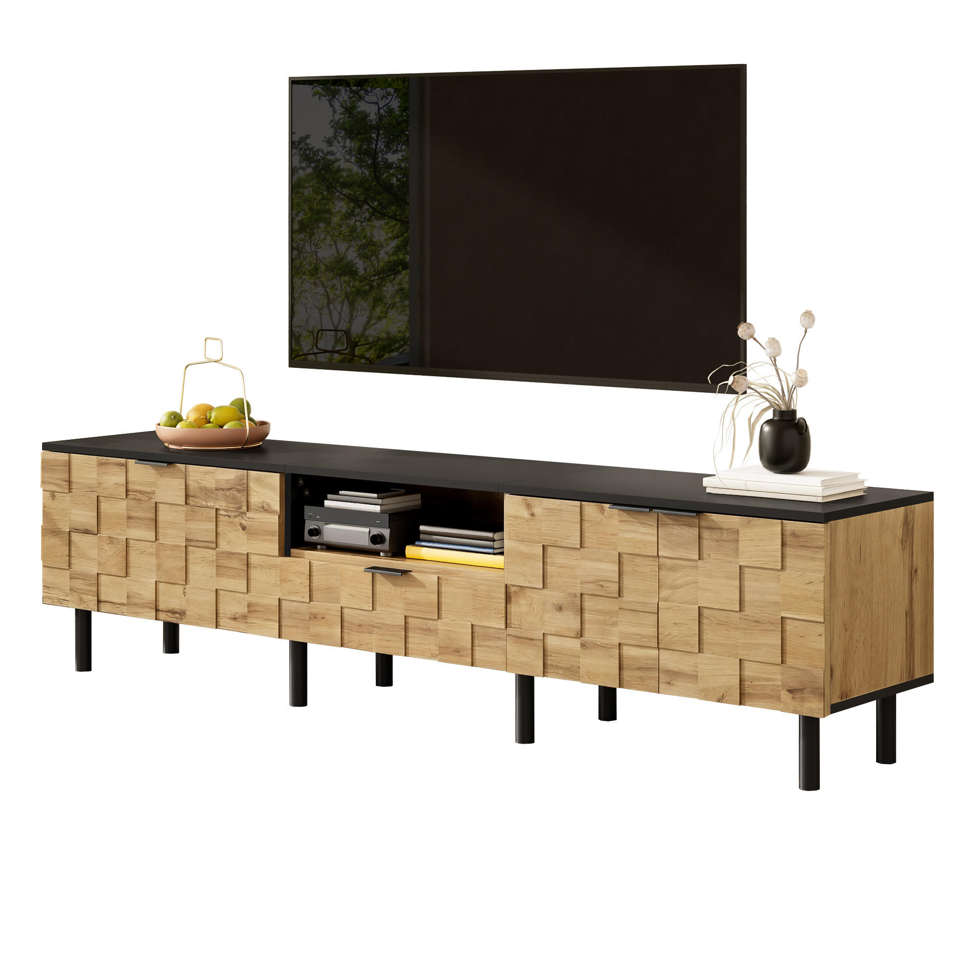TV-LOWBOARD 170/35/44,5 cm Natur-Schwarz aus Spanplatte mit Mosaik-Türen - Naturfarben, Holzwerkstoff (35/44.5/170cm) - OKWISH