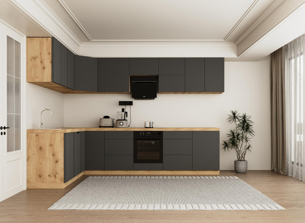 WINKELKÜCHE 320cm x 200cm- Langen KL15-M320 - in Grau/Matt - Grau, Holz (520/212/52cm)