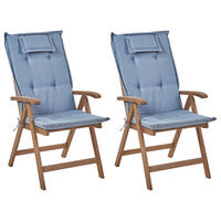 GARTENSTUHL 2er-Set Akazienholz dunkelbraun Auflagen blau Amantea - Blau/Dunkelbraun, Holz (54/105/69cm) - Beliani