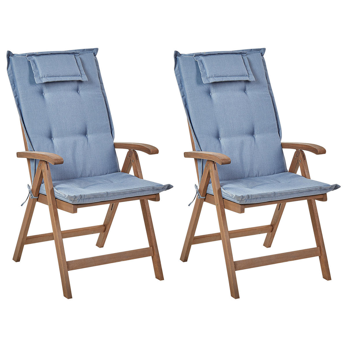 GARTENSTUHL 2er-Set Akazienholz dunkelbraun Auflagen blau Amantea - Blau/Dunkelbraun, Holz (54/105/69cm) - Beliani