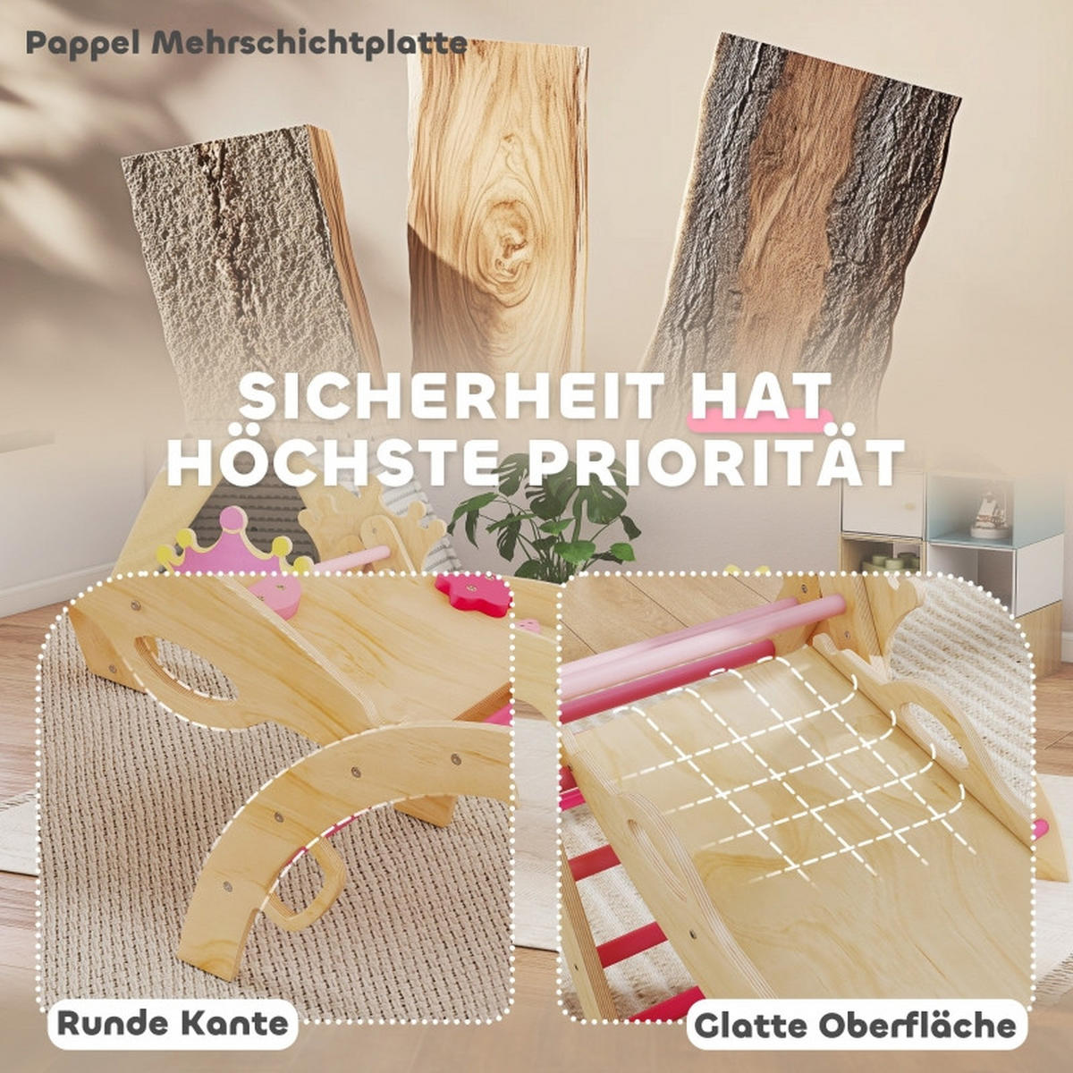 INDOOR-KLETTERGERÜST für Kinder 8-in-1 , Prinzessinnen-Design, mit Rutsche, Rampe, Bogen, Holz - Pink, Holz (42/160cm) - Hauptrolle
