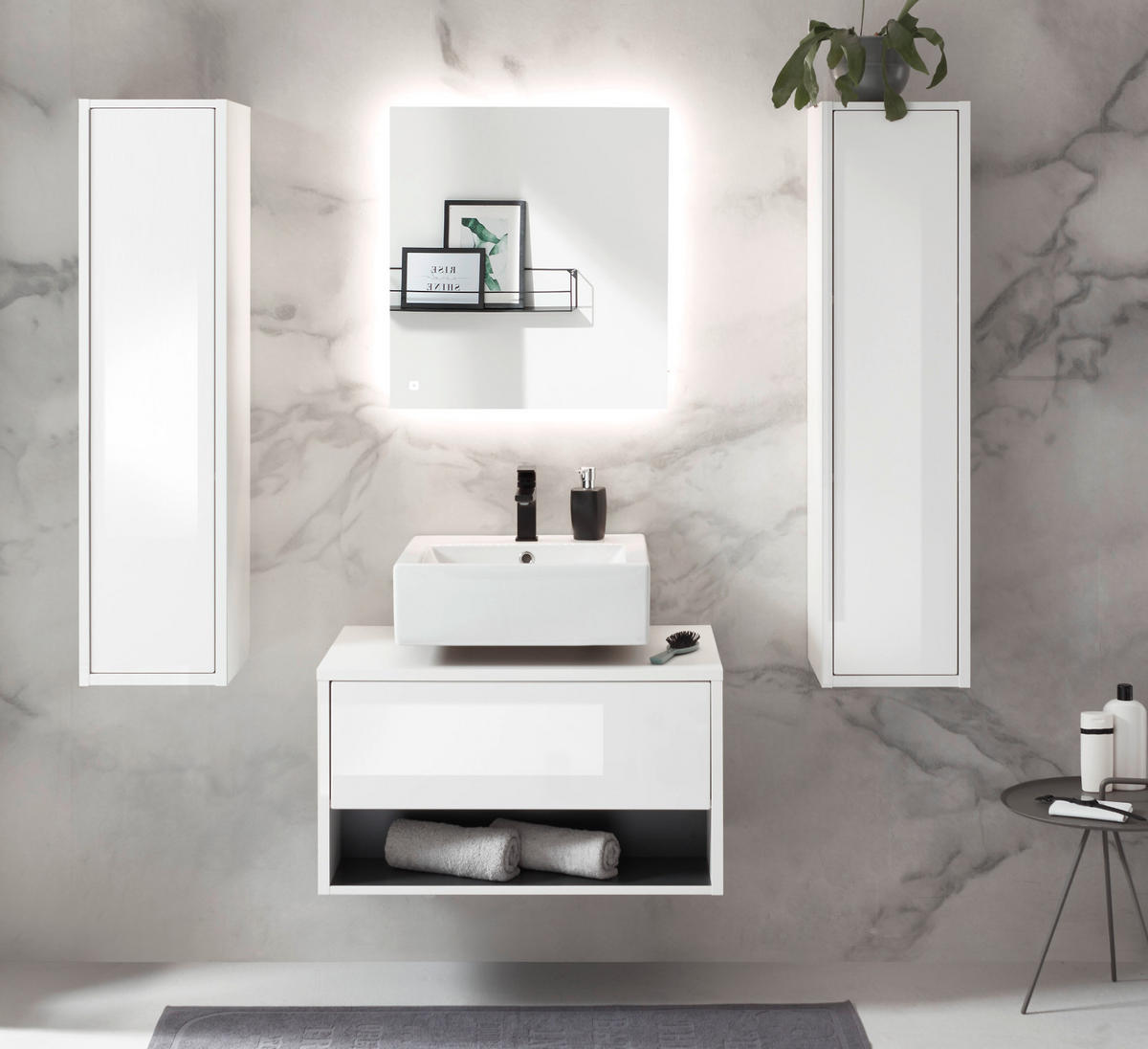 BADMÖBEL-SET 4-teilig weiß Hochglanz, grau, Badezimmerschränke mit LED Beleuchtung 160 cm - Weiß Hochglanz/Grau, Glas/Holzwerkstoff (160/190/46cm) - Furn.Design