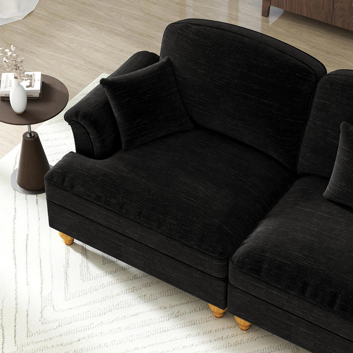 ECKSOFA 272/140/93 cm schwarz aus Chenille mit abnehmbarem Volant und beweglichem Hocker - Schwarz, Textil (140/272cm) - OKWISH