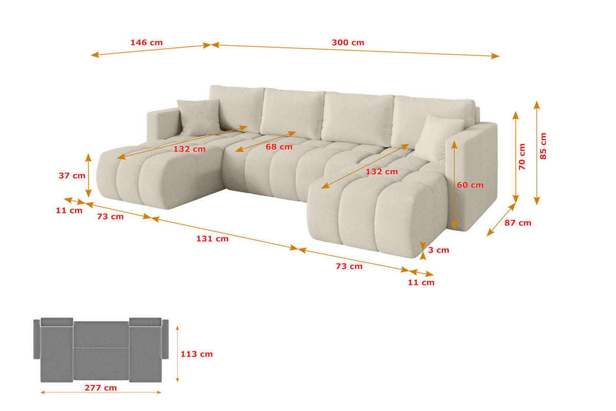 SEDACÍ SOUPRAVA DO U s funkcí spaní a úložným prostorem GARD-U 300x146x85 béžová bouclé - černá/písková barva, kompozitní dřevo/textil (300/85/146cm) - ALTDECOR