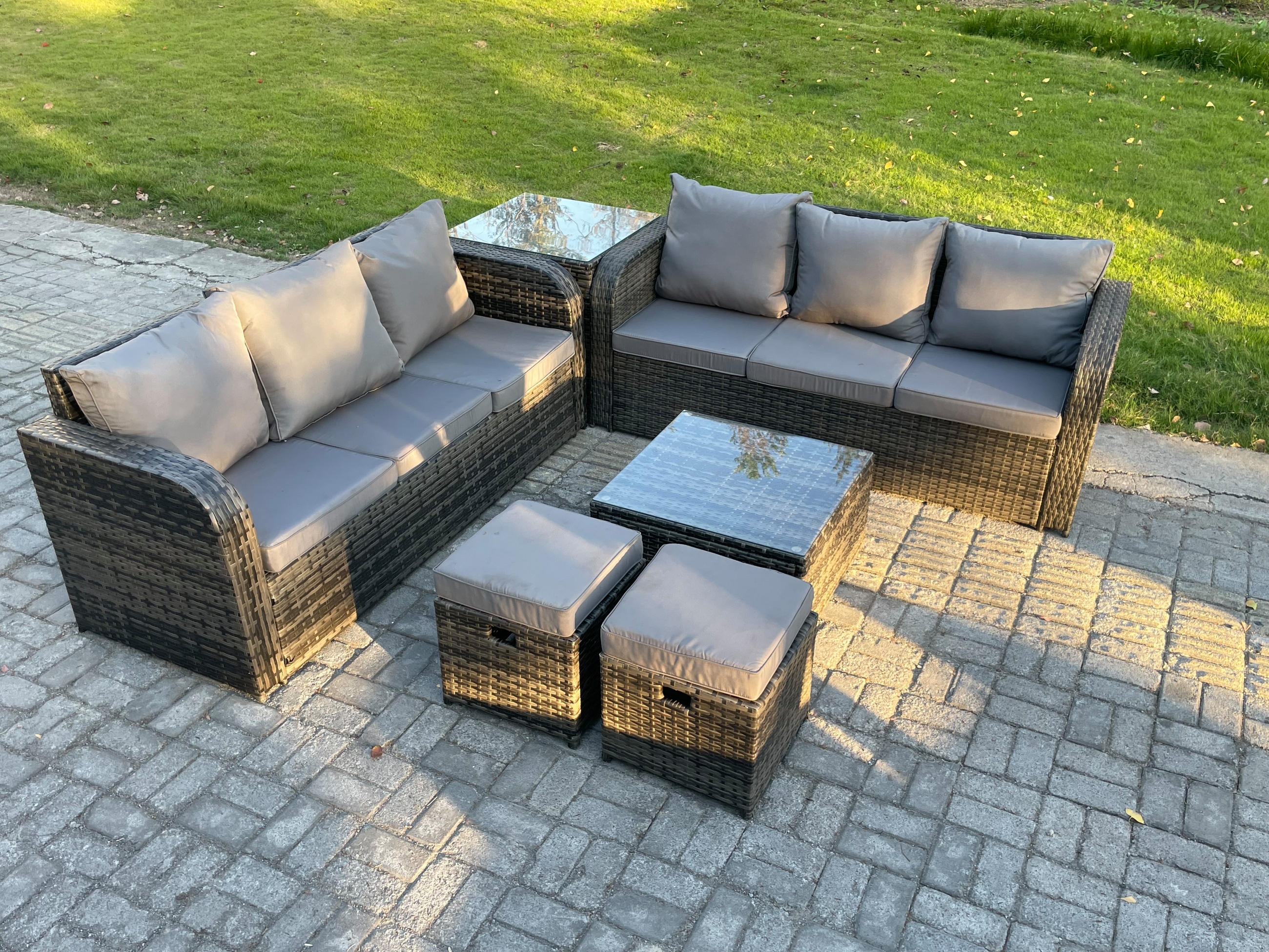 GARTENTISCHGRUPPE Polyrattan Dunkelgrau 6-teilige - Dunkelgrau/Grau, Glas/Kunststoff - Fimous