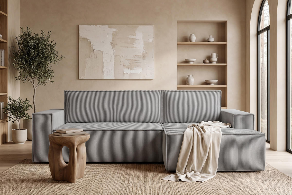 ECKSCHLAFSOFA-RECHTS NAPI in Pet Friendly Cord-Stoff, hellgrau - Hellgrau/Schwarz, Textil (262/148cm) - KONSIMO®