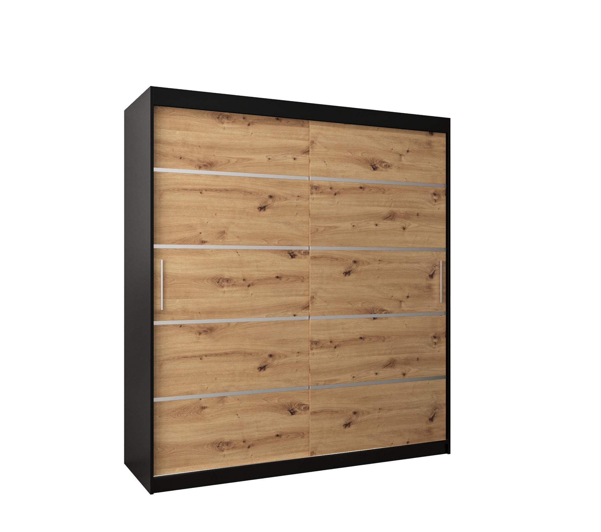 Möbel Kryspol Schwebetürenschrank Schwarz, Eiche Artisan, Silber 180x200x62 cm