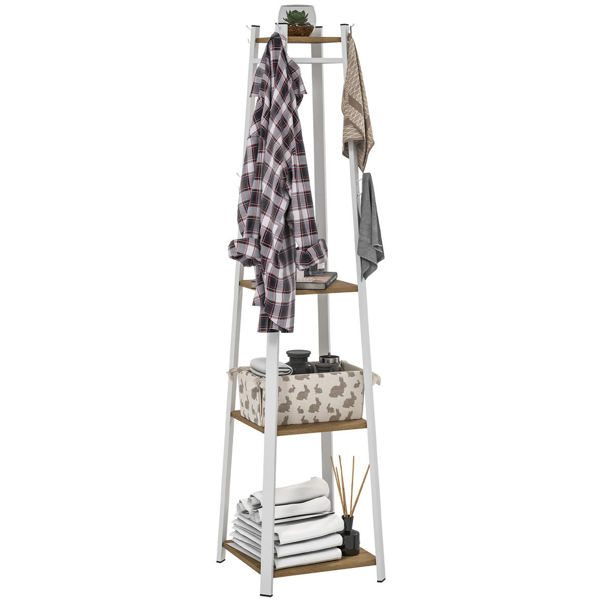 GARDEROBENSTÄNDER, mit 8 Haken, 4 Ebenen, Flur, 34 x 34 x 170 cm, Weiß - Eichefarben, Holzwerkstoff (34/170/34cm) - HOMCOM