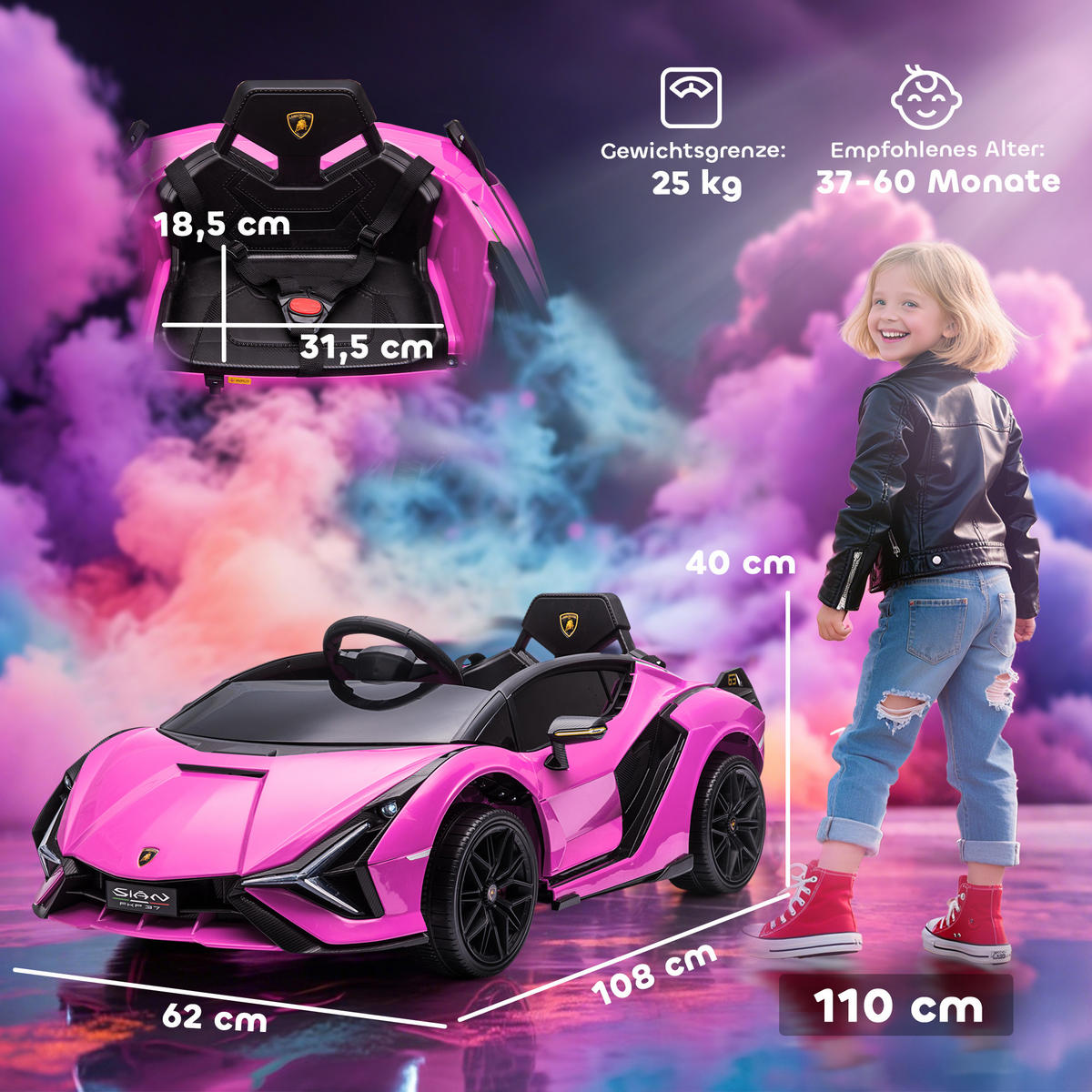 KINDER Elektroauto, 12V Elektrisch Kinderfahrzeug mit 2,4G-Fernbedienung Rosa - Hellrosa, Metall (108/62/40cm) - HOMCOM