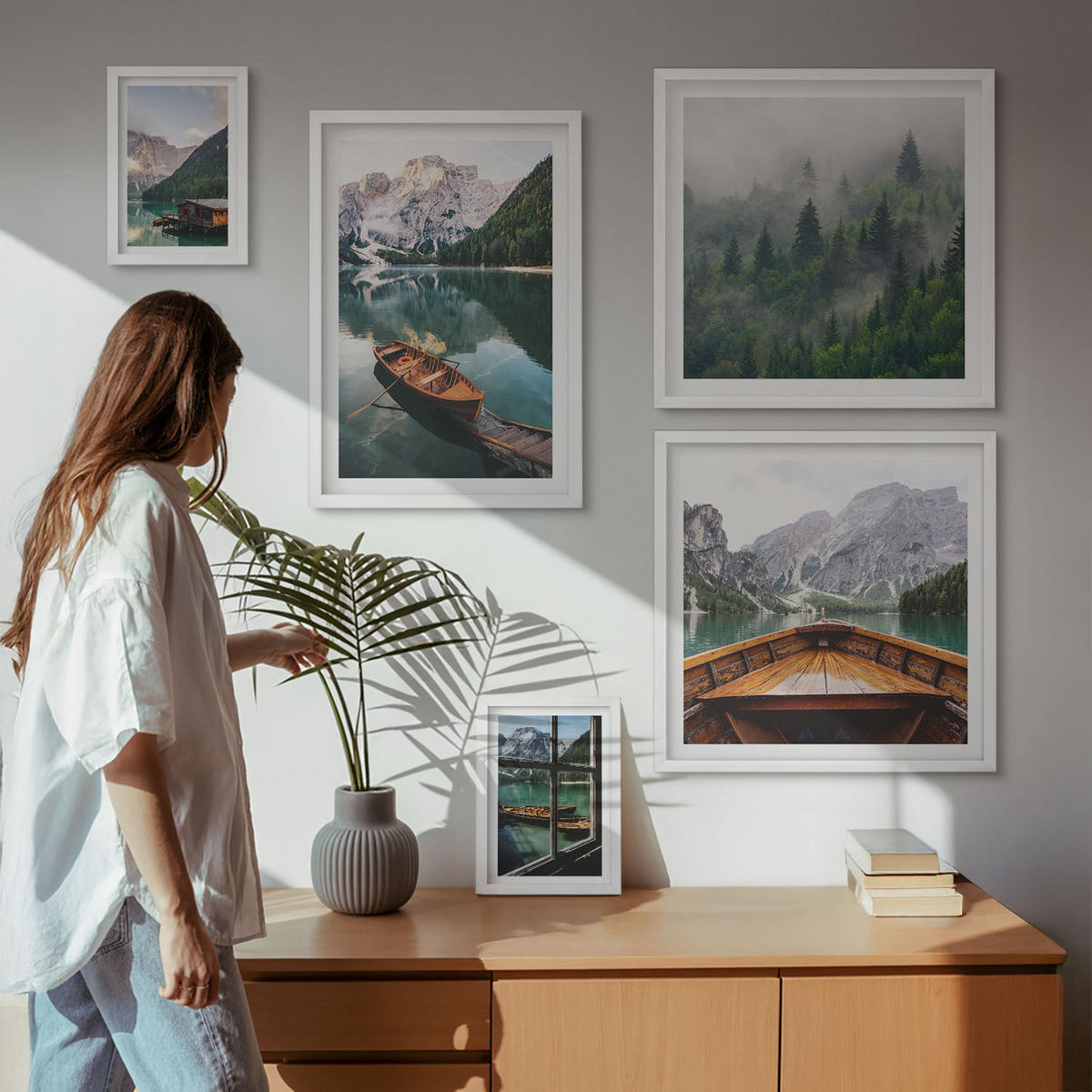 WANDBILDER 5er-Set - 50x50 cm & 20x30 cm & 40x60 cm Weißer Rahmen - Straßen, Häuser, Pflanzen, Töpfe - Weiß, Kunststoff (40/60cm) - ArtPrintCave
