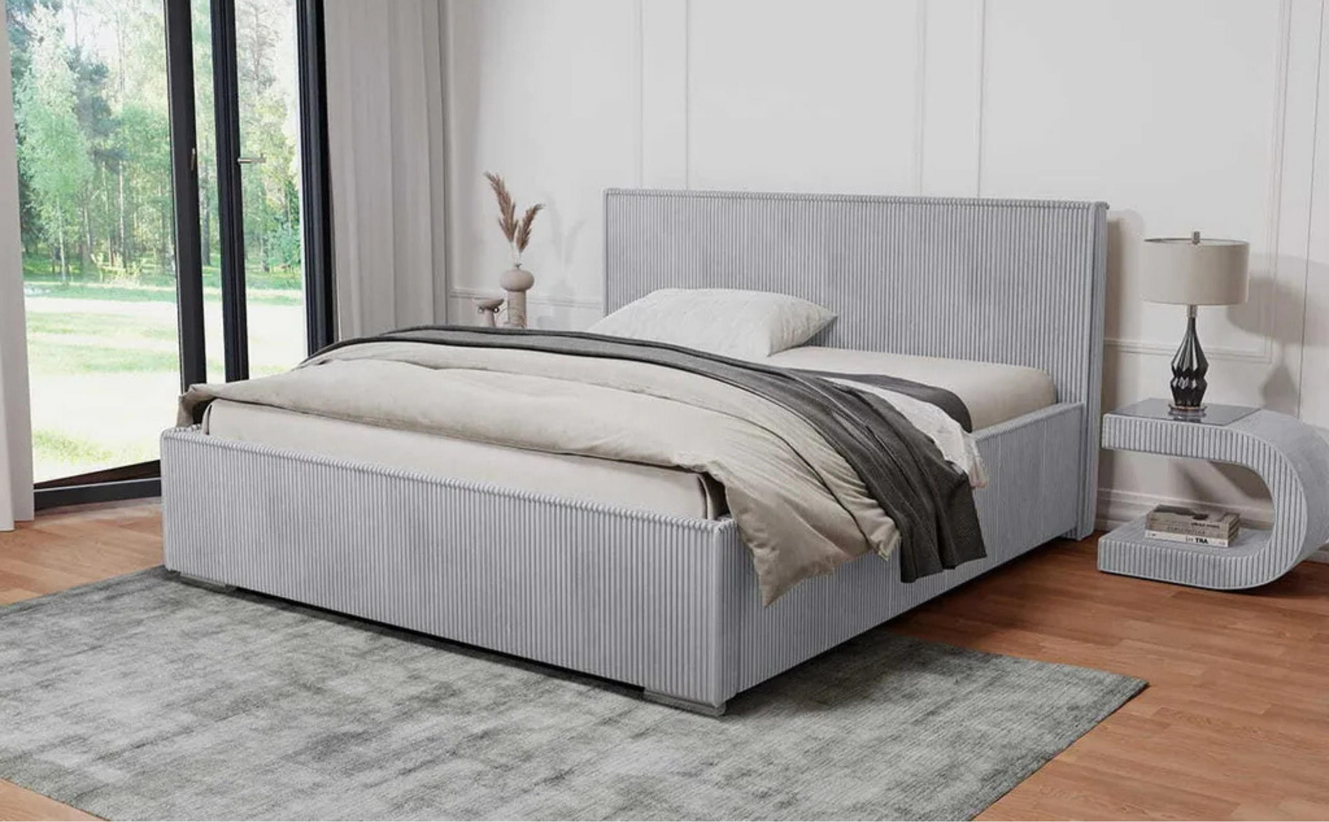 POLSTERBETT LUIS mit Kopfteil, 140 x 200 cm, Doppelbett mit Bettkasten und Lattenrost aus Metall, Cordstoff: Hellgrau - Hellgrau, Holz/Textil (140/200cm) - Agmat-Furniture