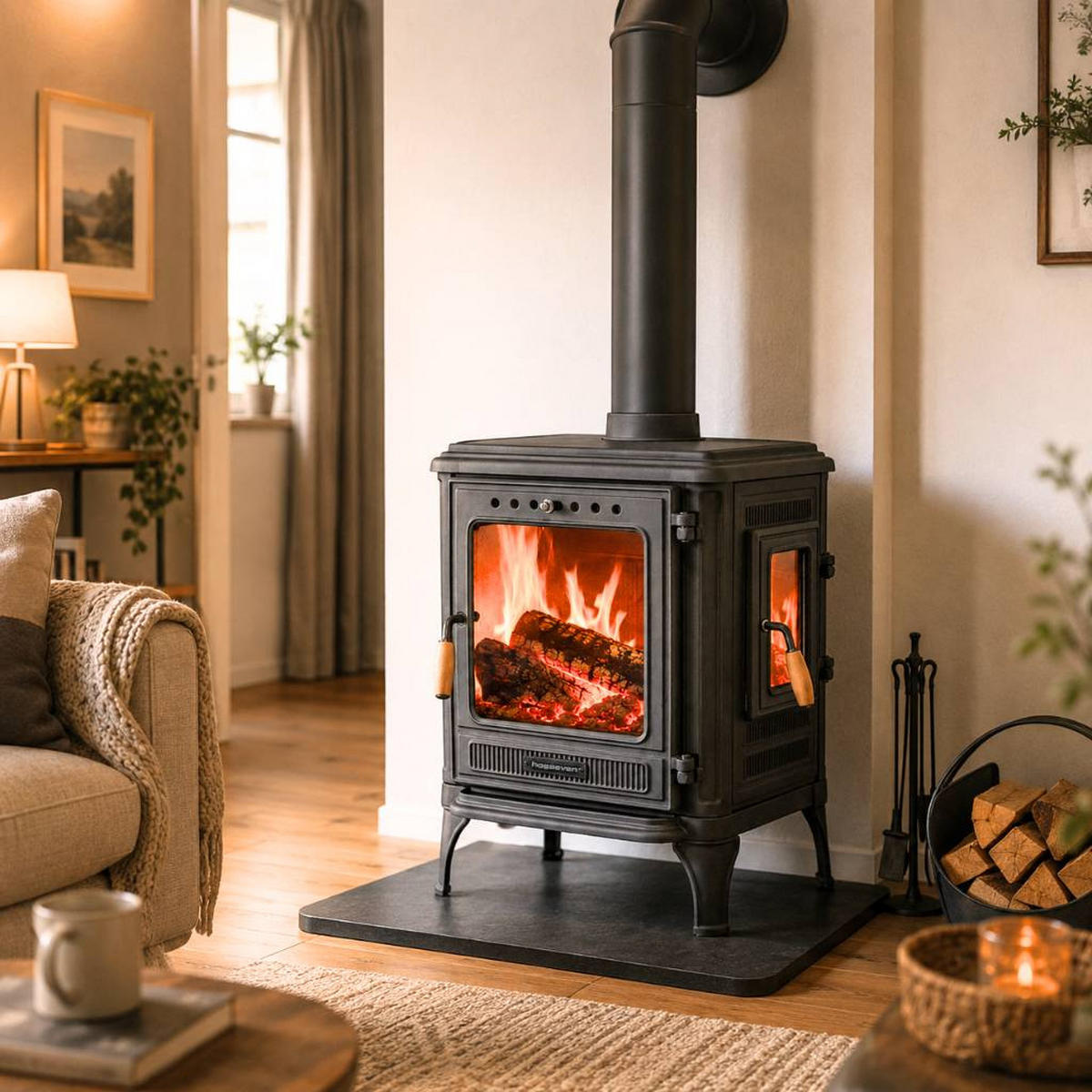 HOSSEVEN Kaminofen Holzofen Wohnzimmer Holzkamin 8005CK Panorama 3 Seiten Glas 7 kW Holz Ofen Kamin Heizofen Schwedenofen Mehrfachbelegung - Schwarz, Metall (59.3/68.3/45.8cm)