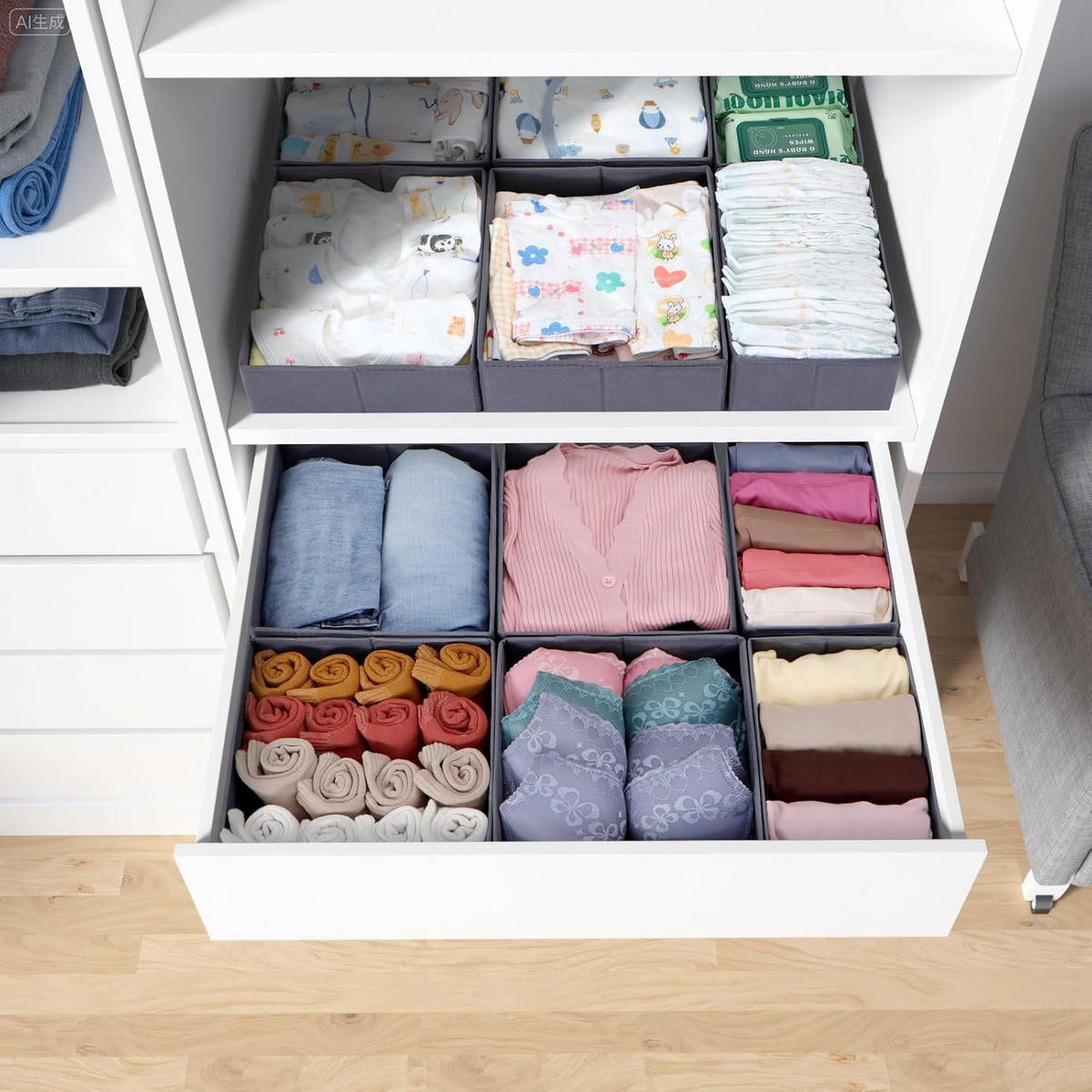 SCHUBLADEN Organizer 12er Set Grau für PAX Kleiderschrank 75x58 cm - Grau, Textil (24/11/26cm)