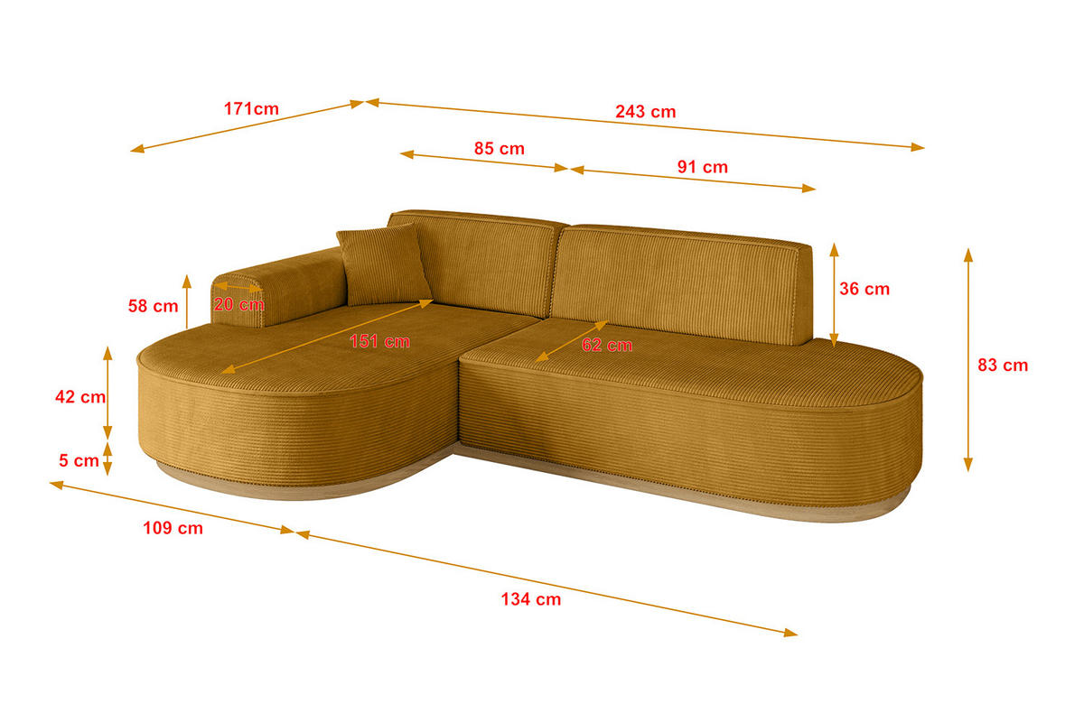 ECKSOFA Ottomane Links MARI-L1-v2 - 243x171x83 cm Senfgelb Cord - Gelb, Holzwerkstoff/Textil (243/171cm) - ALTDECOR