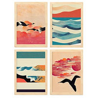 POSTER Set mit 4 Vogel im Abstrakt Moderne Galaxien A3 Rahmen aus hellem Holz - Beige, Papier (29.7/3cm) - Nacnic