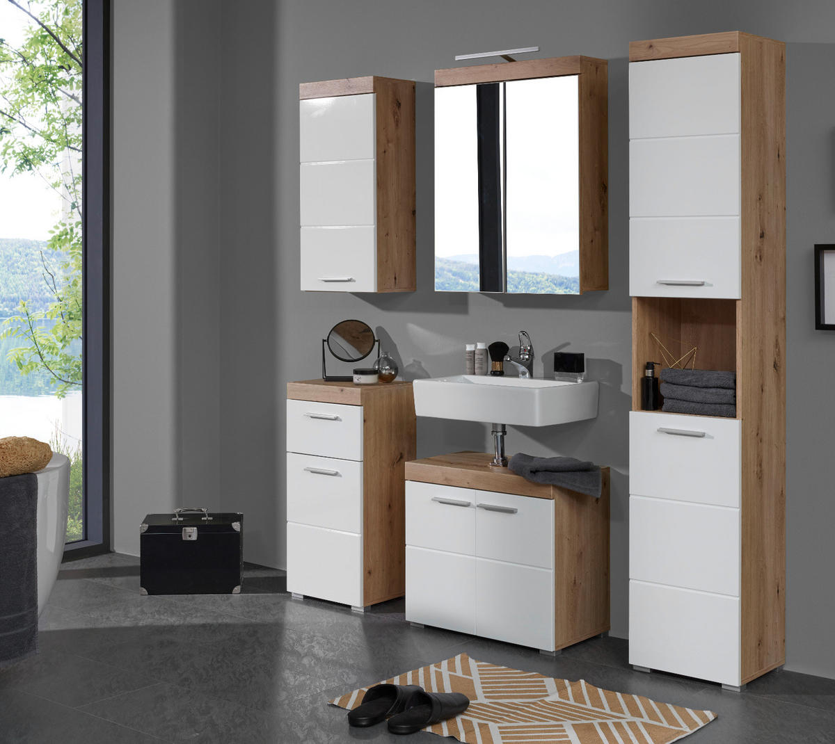 WASCHBECKENUNTERSCHRANK weiß Hochglanz, Eiche Badschrank 60 x 56 cm - Eichefarben/Weiß, Holzwerkstoff/Kunststoff (60/56/34cm) - Top.Furn