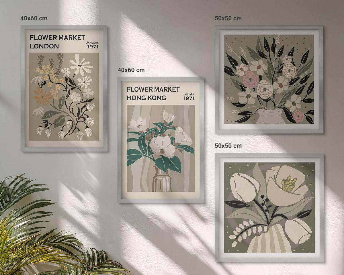 WANDBILDER 4er Set - 50x50 cm & 40x60 cm Silberner Rahmen - Blumenillustrationen London Hongkong - Silberfarben, Kunststoff (50/50cm) - ArtPrintCave