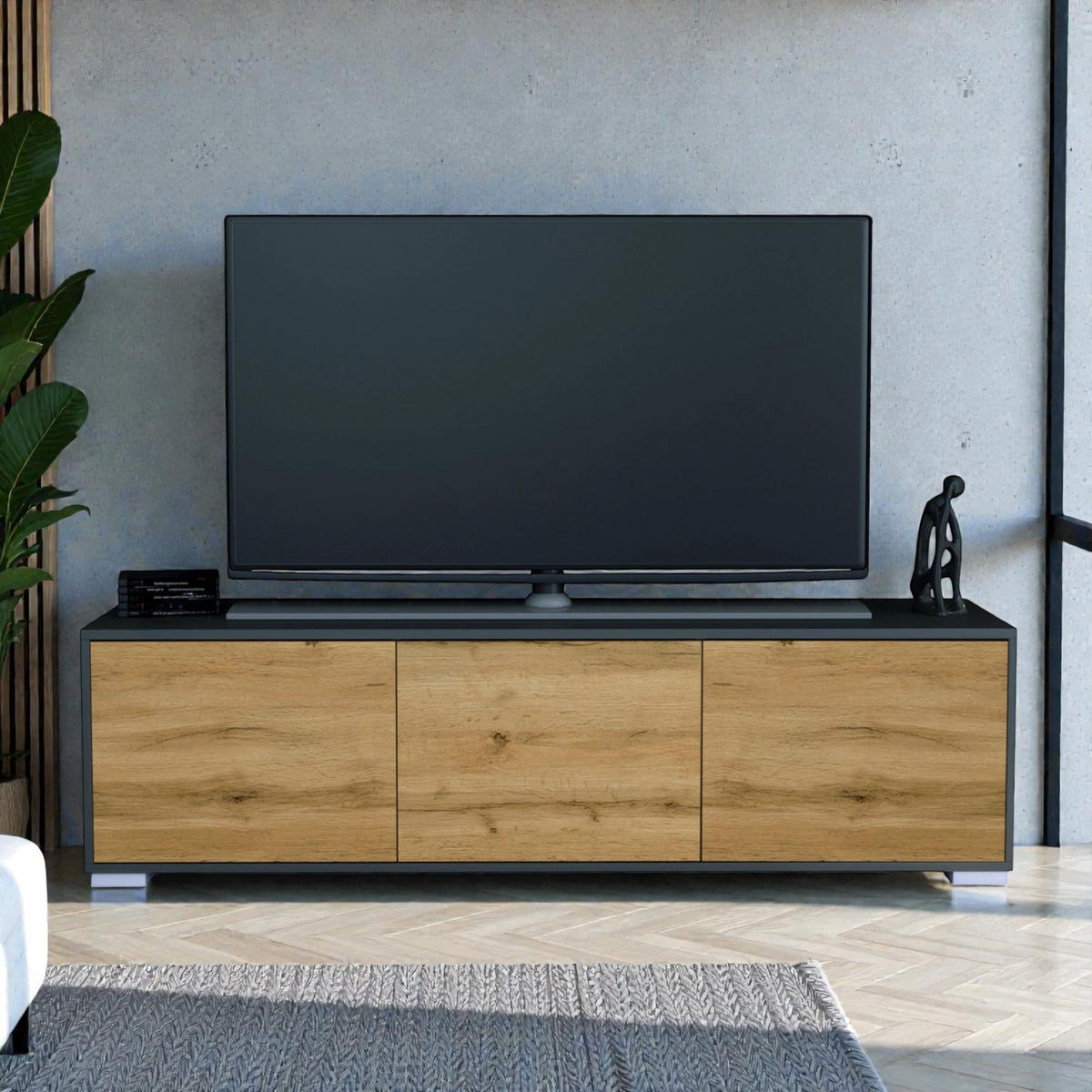 TV-BOARD Elena, Lowboard mit Push-to-Open, Made in Germany, Moderner Fernsehschrank, Anthrazit matt/Eiche Evoke (152,5 x 43 x 37 cm) - Eiche Wotan, Holzwerkstoff (152.5/43/37cm) - InnoFurn