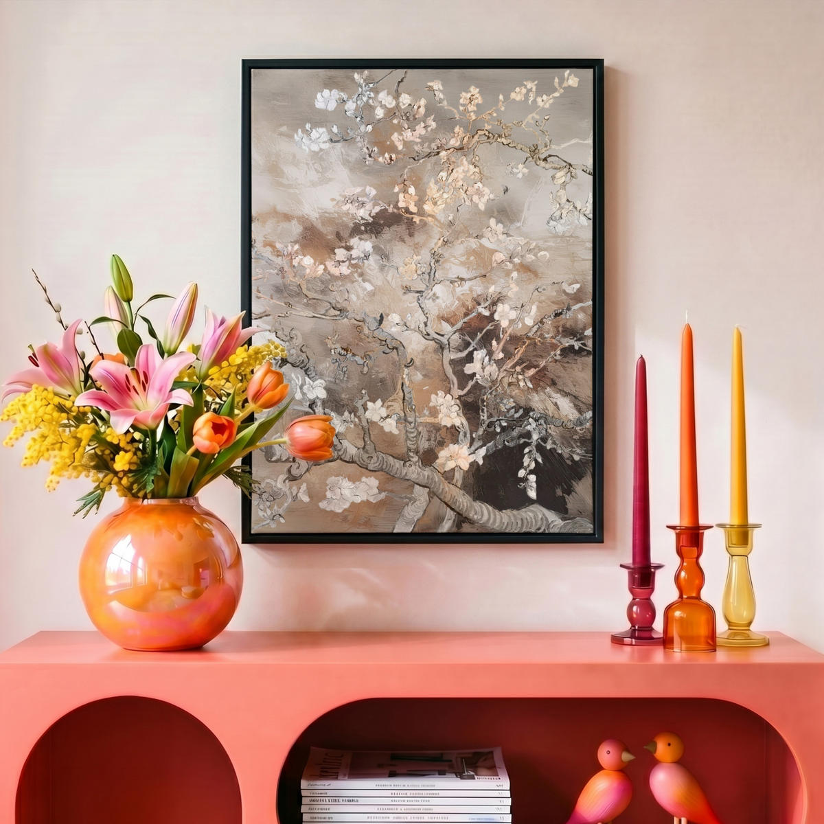 LEINWAND Bilder mit Rahmen - Mandelblüte - Kunst - Van Gogh - Beige - Abstrakt - 30x40 - Braun, Textil (30/40cm) - MuchoWow