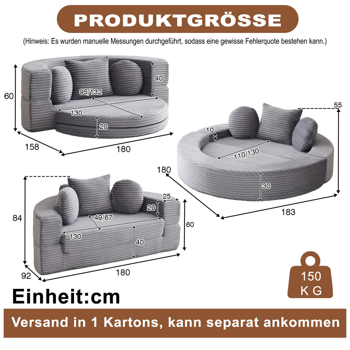 SCHLAFSOFA 4-in-1 halbrund/rund mit 3 Kissen, DE-42726, Grau - Grau, Textil (180/84/92cm) - ComfortXL