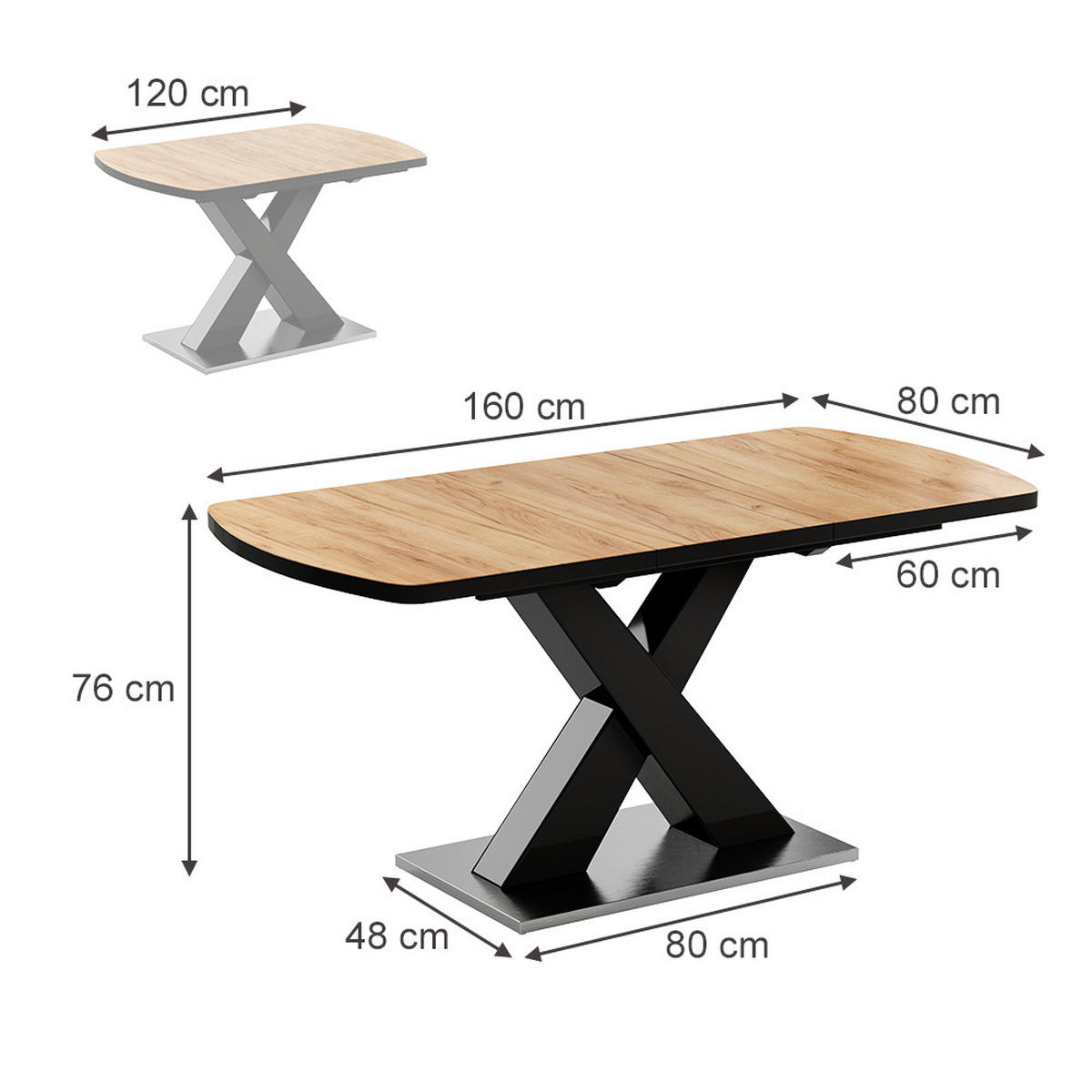 ESSTISCH Chinto Schwarz/Eiche rustikal 120 x 80 cm ausziehbar - Wildeiche/Schwarz, Holzwerkstoff (80/120/76cm) - Vicco