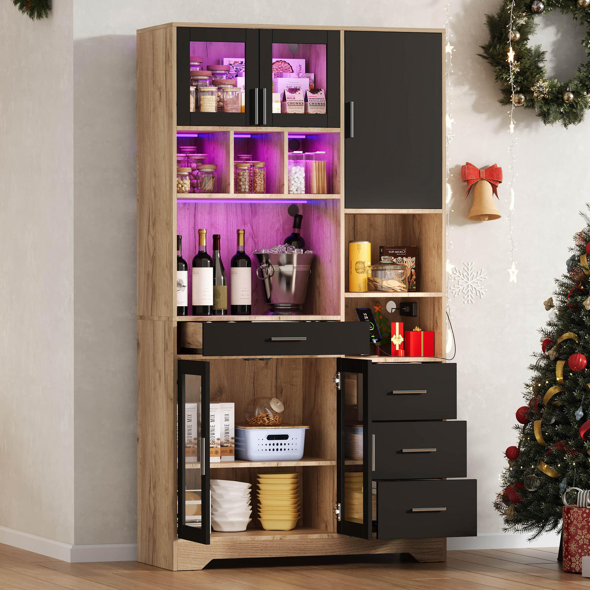 BUFFETSCHRANK 40/100/185 cm schwarz/natur aus MDF mit LED - Schwarz, Holzwerkstoff (100/185/40cm) - OKWISH