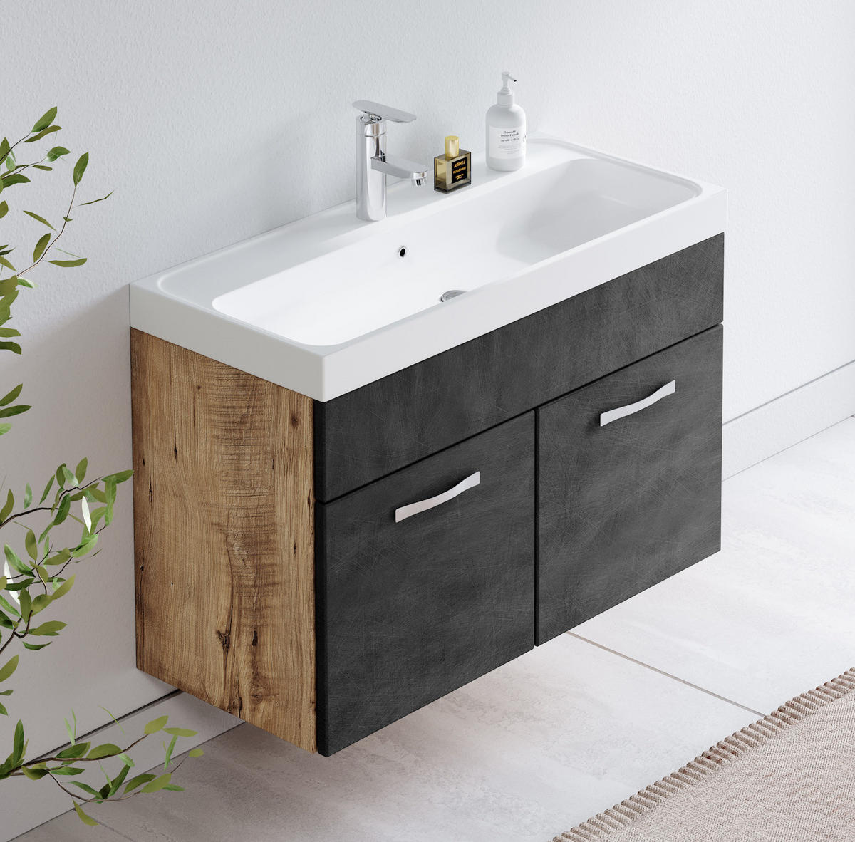 BADMÖBEL-SET Paso 2 Teile Kastanien Eiche / Grau - 80 x 35 x 55 cm - Eichefarben/Grau, Holz (80/55/40cm) - Badplaats